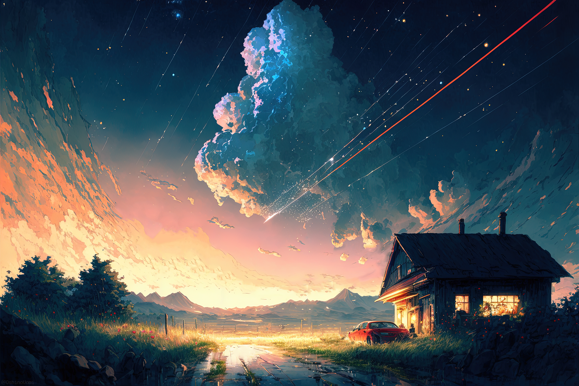 Ai Art Illustration Artwork Landscape Shooting Stars Sky Night Universe Uomi Clouds Sunset Glow Natu 1999x1335