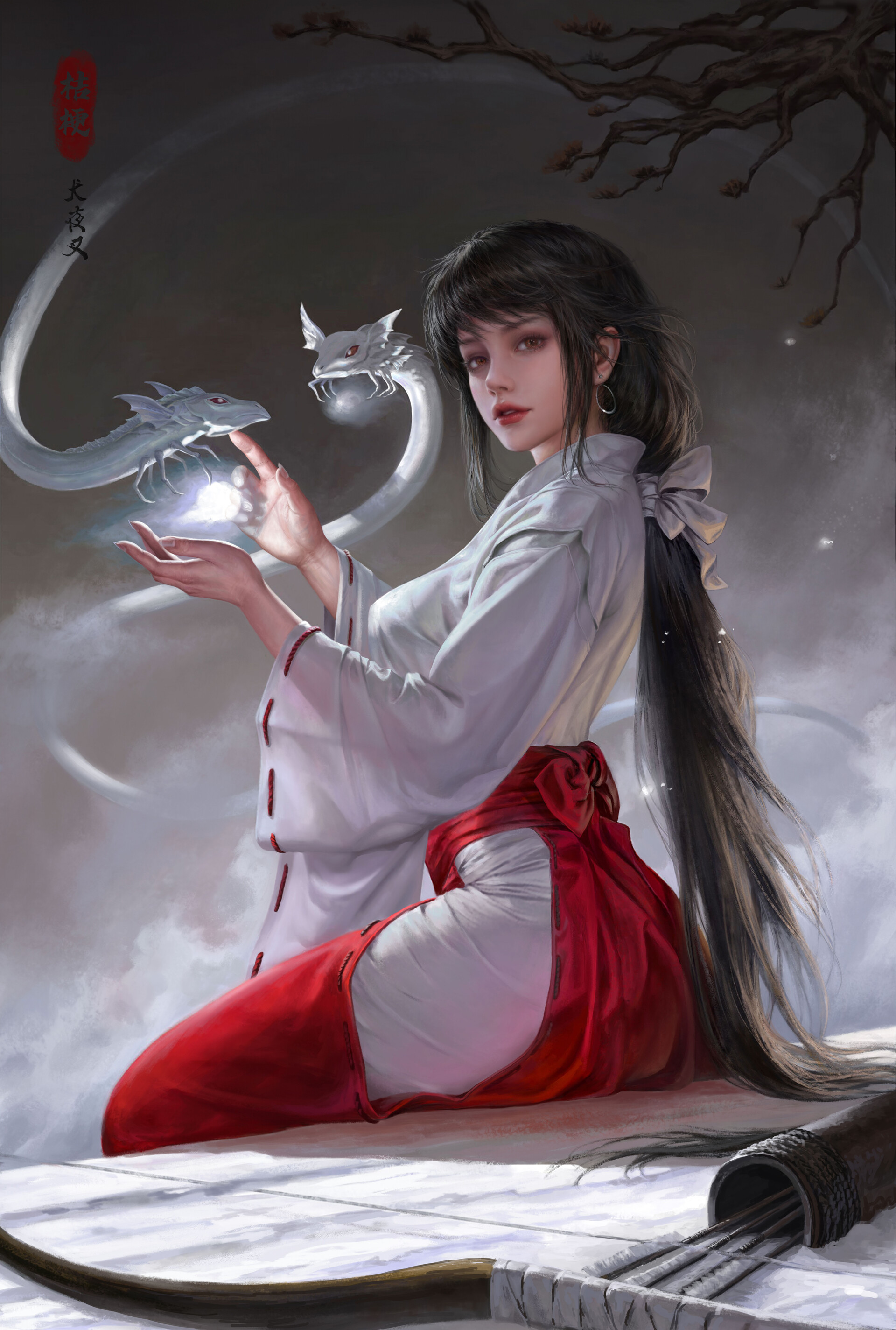 JiaYuan Song Drawing Women Dark Hair Long Hair Ribbon Bangs White Clothing Red Clothing Spell Dragon 1920x2849