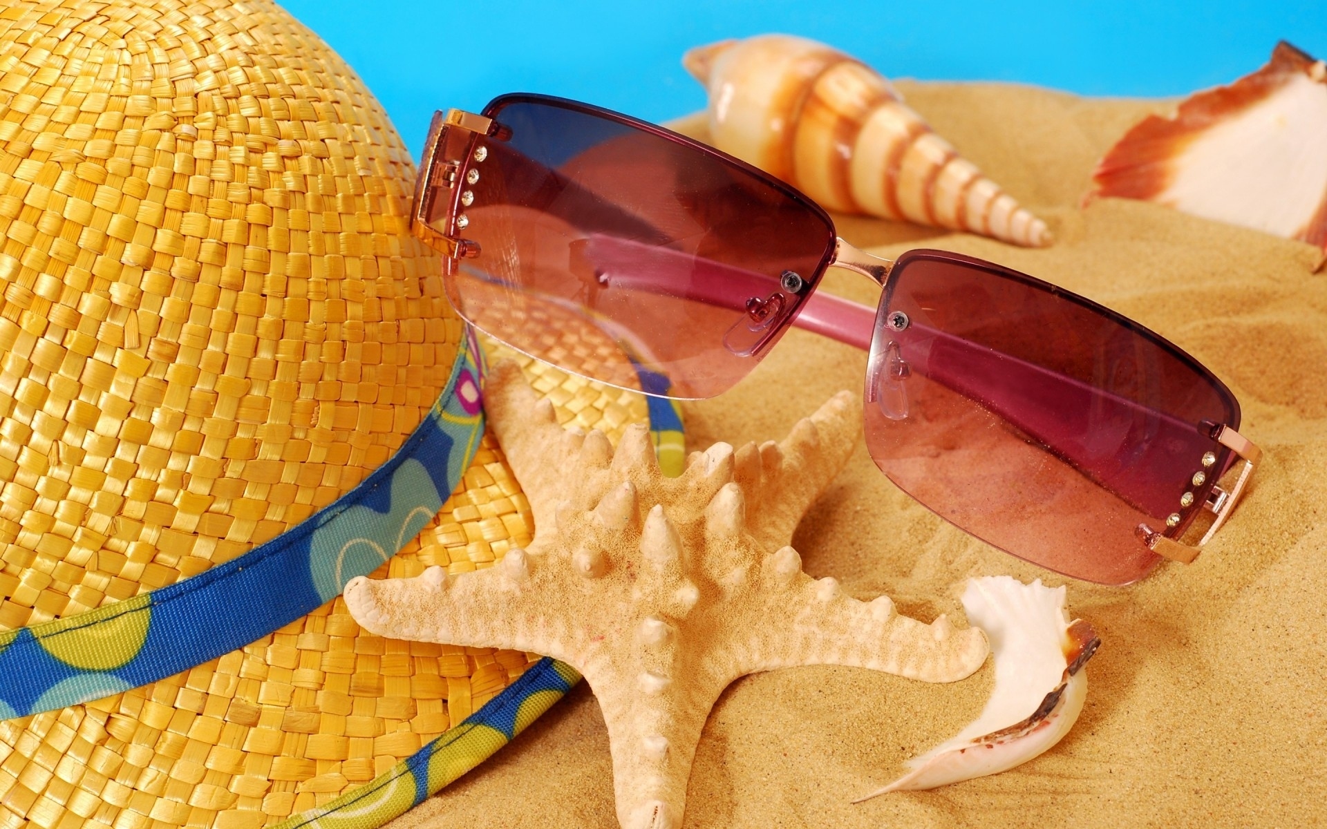 Summer Sunglasses Hat Starfish Sand Straw Hat 1920x1200