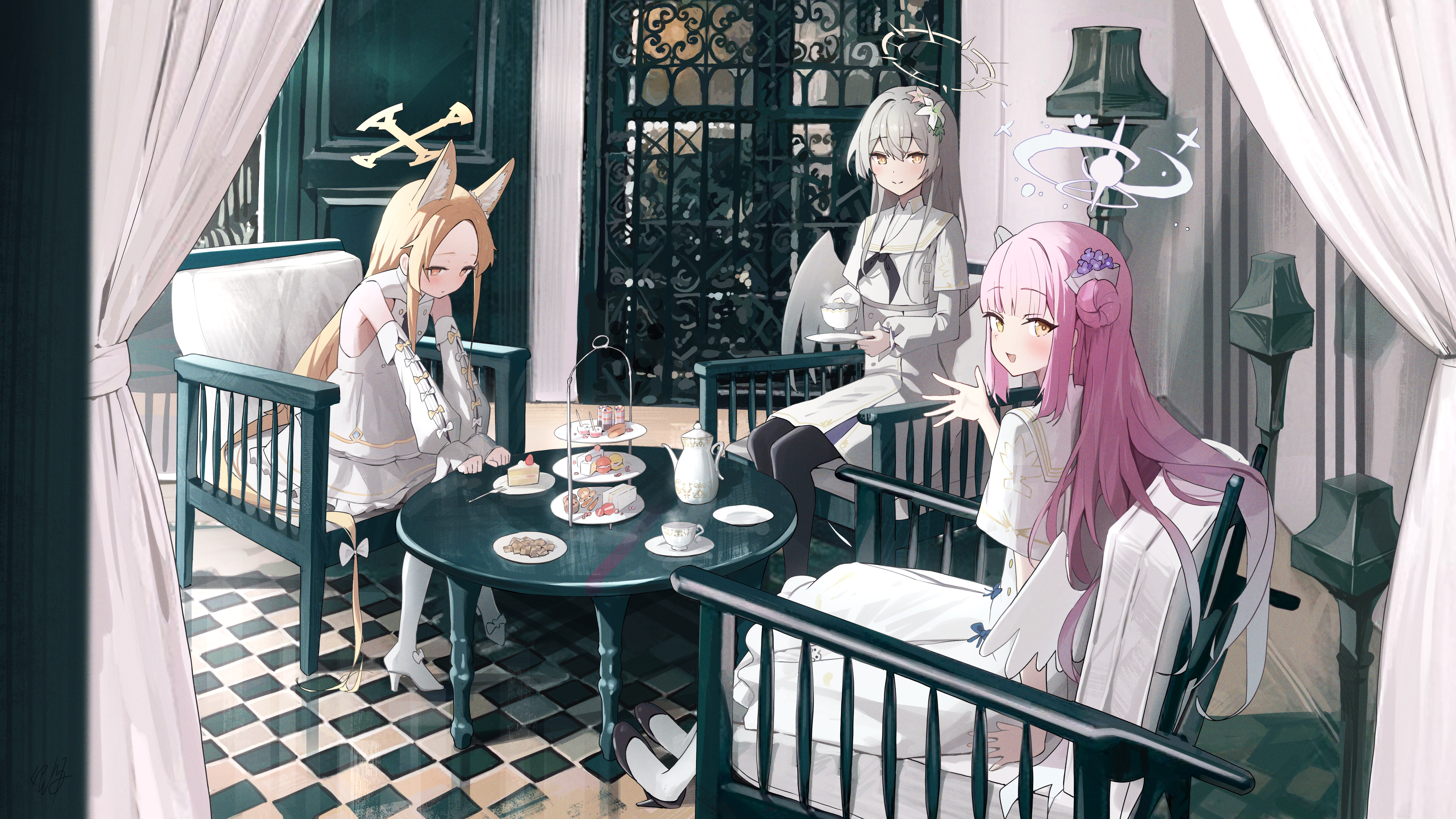 Anime Girls Tea Party Sitting Cat Girl Blue Archive Pastries Checkered Table Sweets Fox Girl Fox Ear 4285x2411