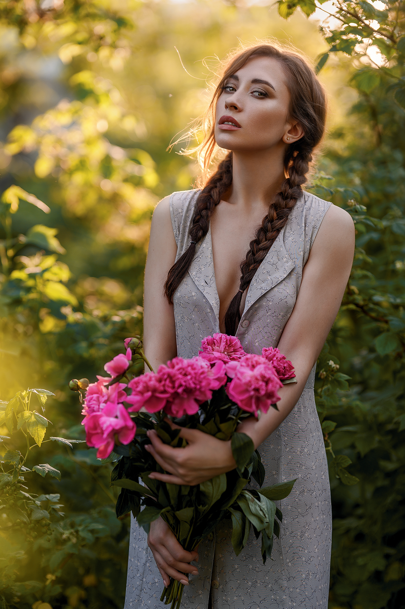 Elena Zharkova Women Brunette Long Hair Twintails Braids Flowers Pink Flowers Dress Makeup Looking A 1331x2000