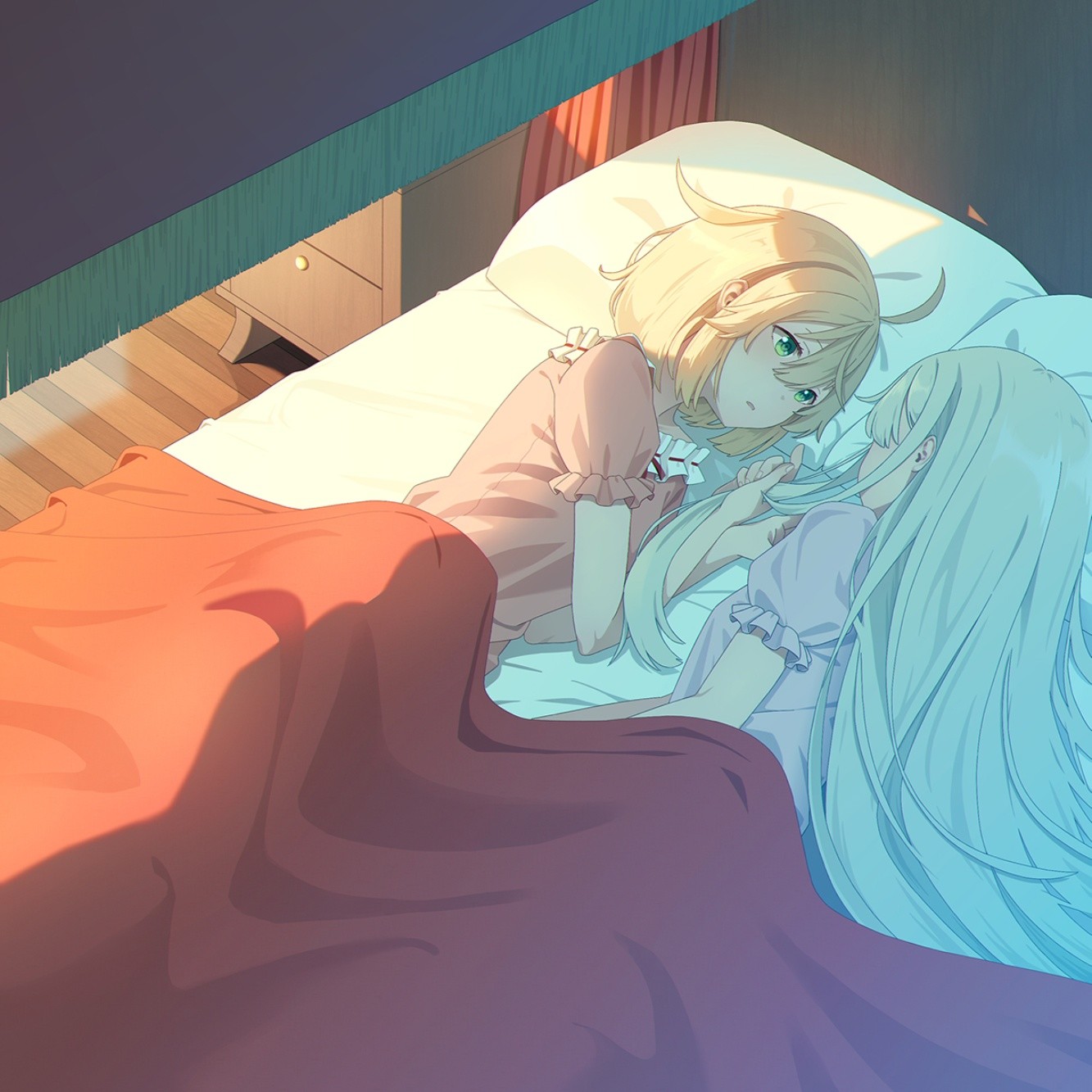 Anime Anime Girls Lying On Side Bed Pillow Pyjamas Long Hair Short Hair 1333x1333