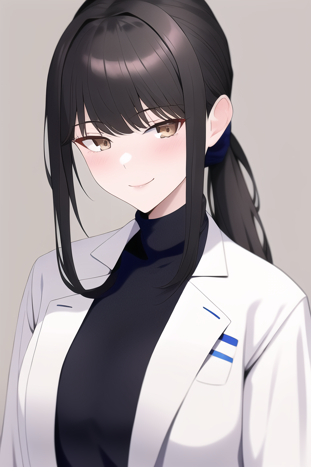 Anime Girls Black Hair Ponytail Brown Eyes Smiling White Coat Turtlenecks  Ai Wallpaper - Resolution:1024x1536 - ID:1352840 