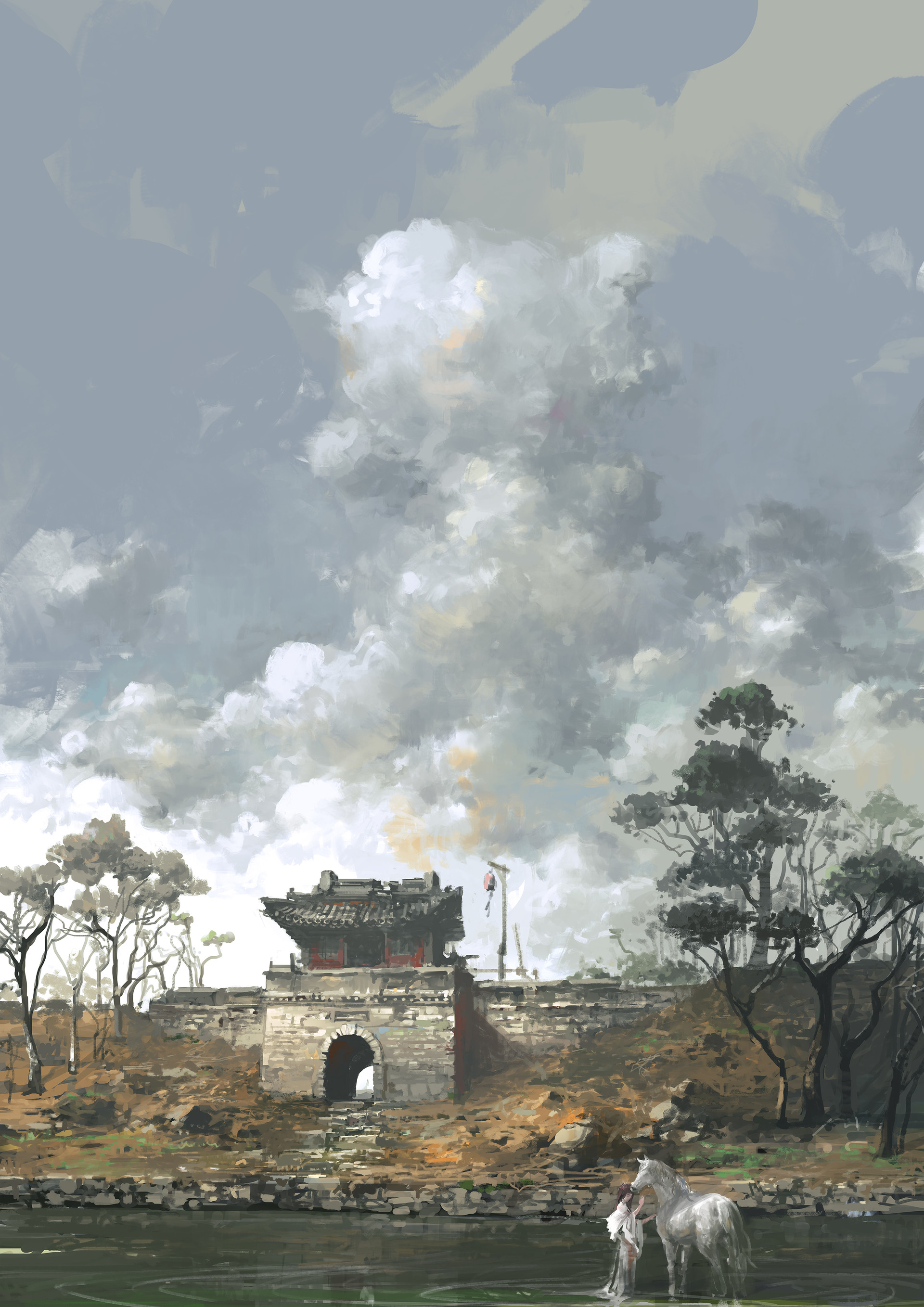 Su Jian Illustration Artwork Chinese Architecture Chinese Clothing Horse Vertical 1920x2716