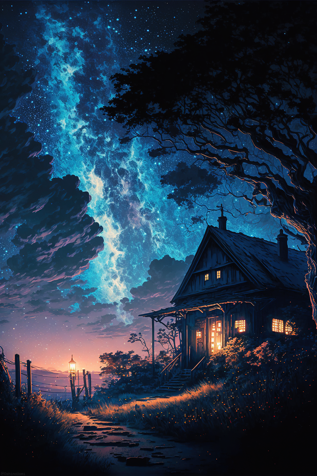 Uomi Ai Art Illustration Vertical House Starry Night Night Sky Clouds Stars 1333x2000