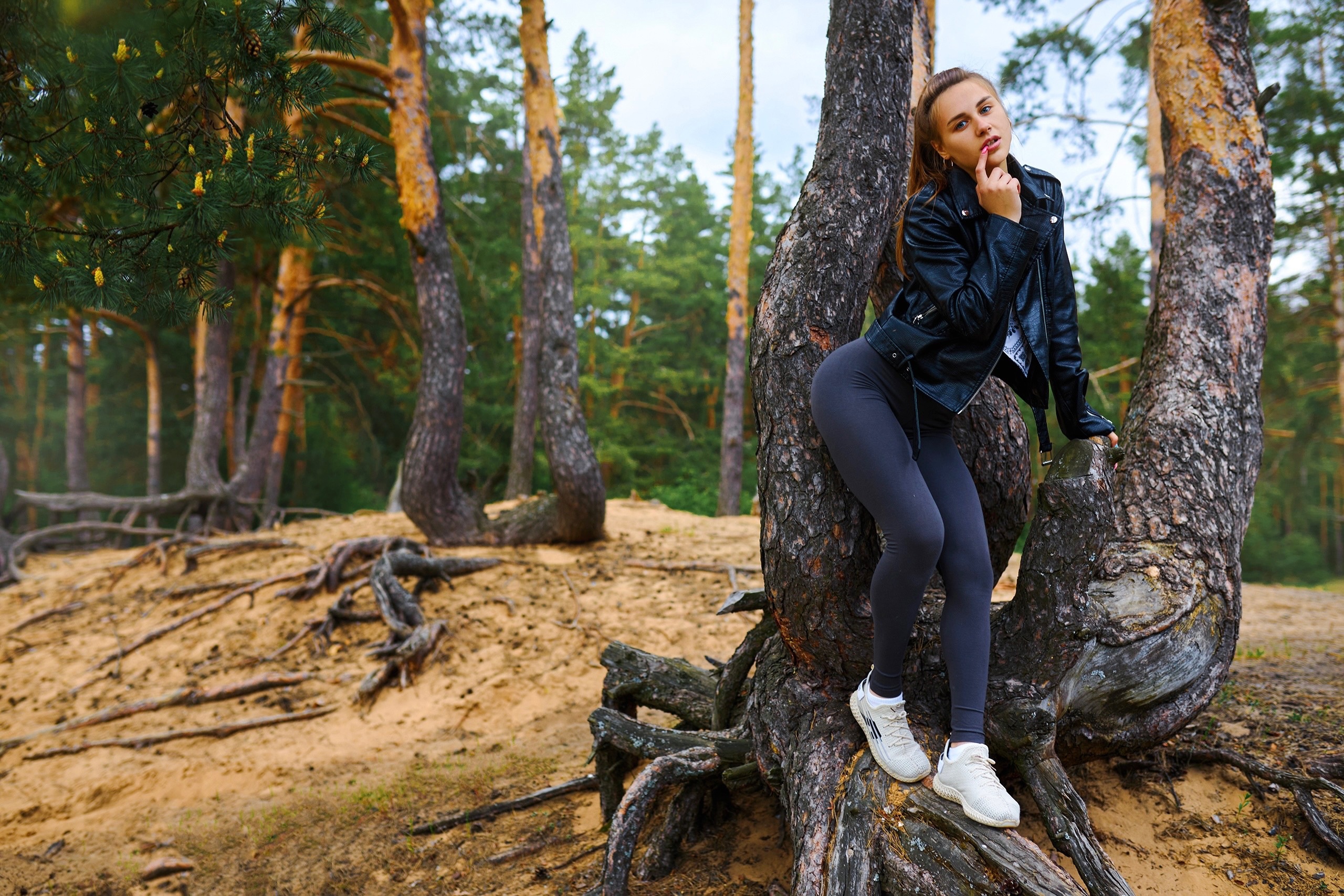 Sergey Bogatkov Women Model Brunette Women Outdoors Hips Trees Nature Leather Jacket Jacket White Sn 2560x1707