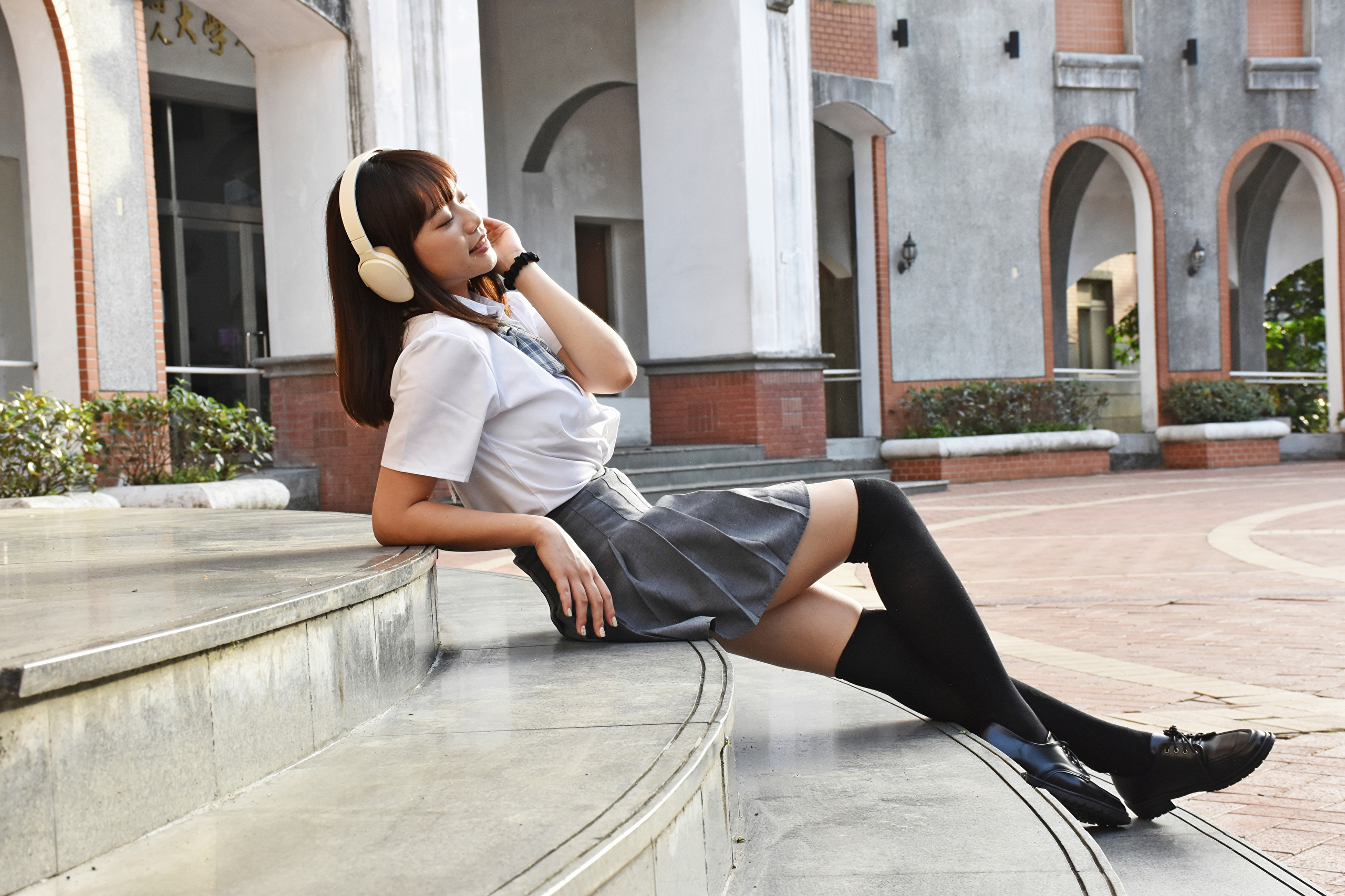 Asian Model Women Long Hair Dark Hair Stairs Sitting School Uniform 2560x1706