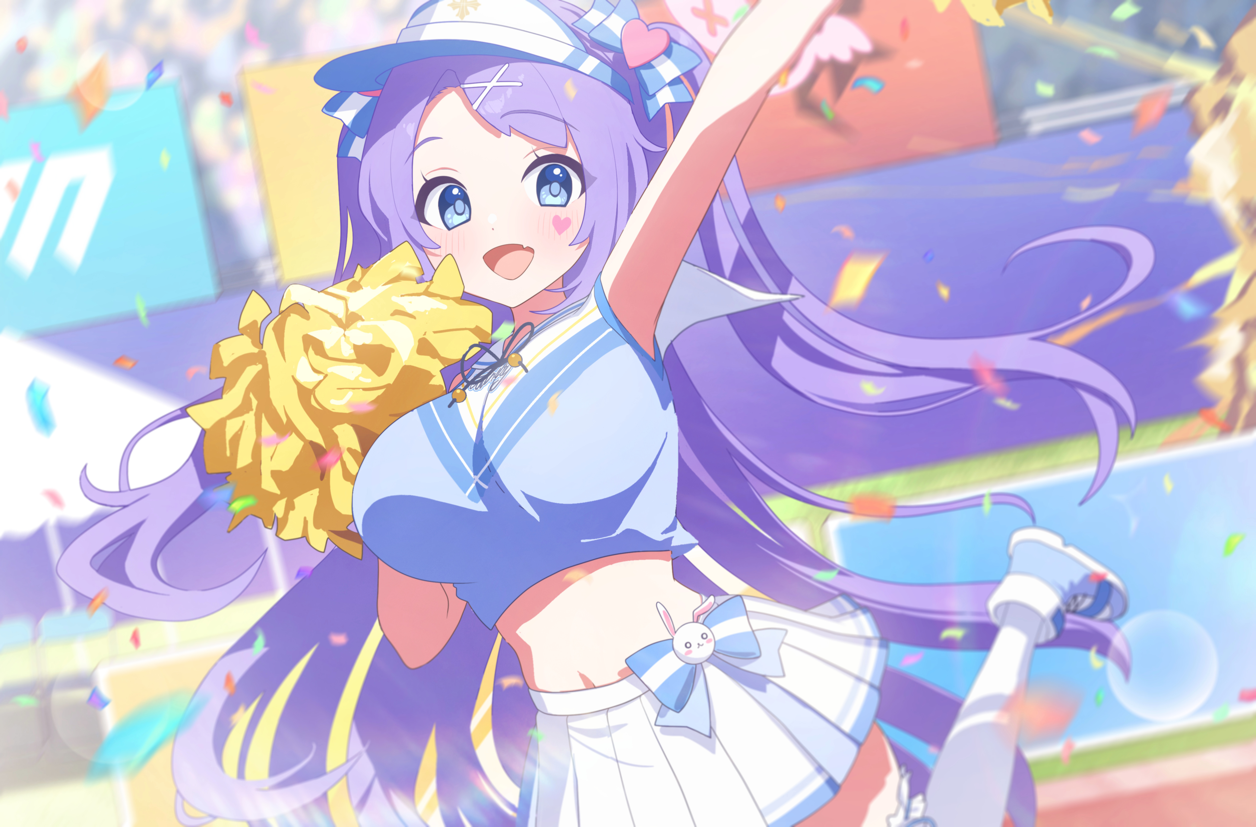 Anime Anime Girls Long Hair Cheerleaders Hat Confetti Looking At Viewer Jumping Bow Tie Blushing Blu 4165x2743