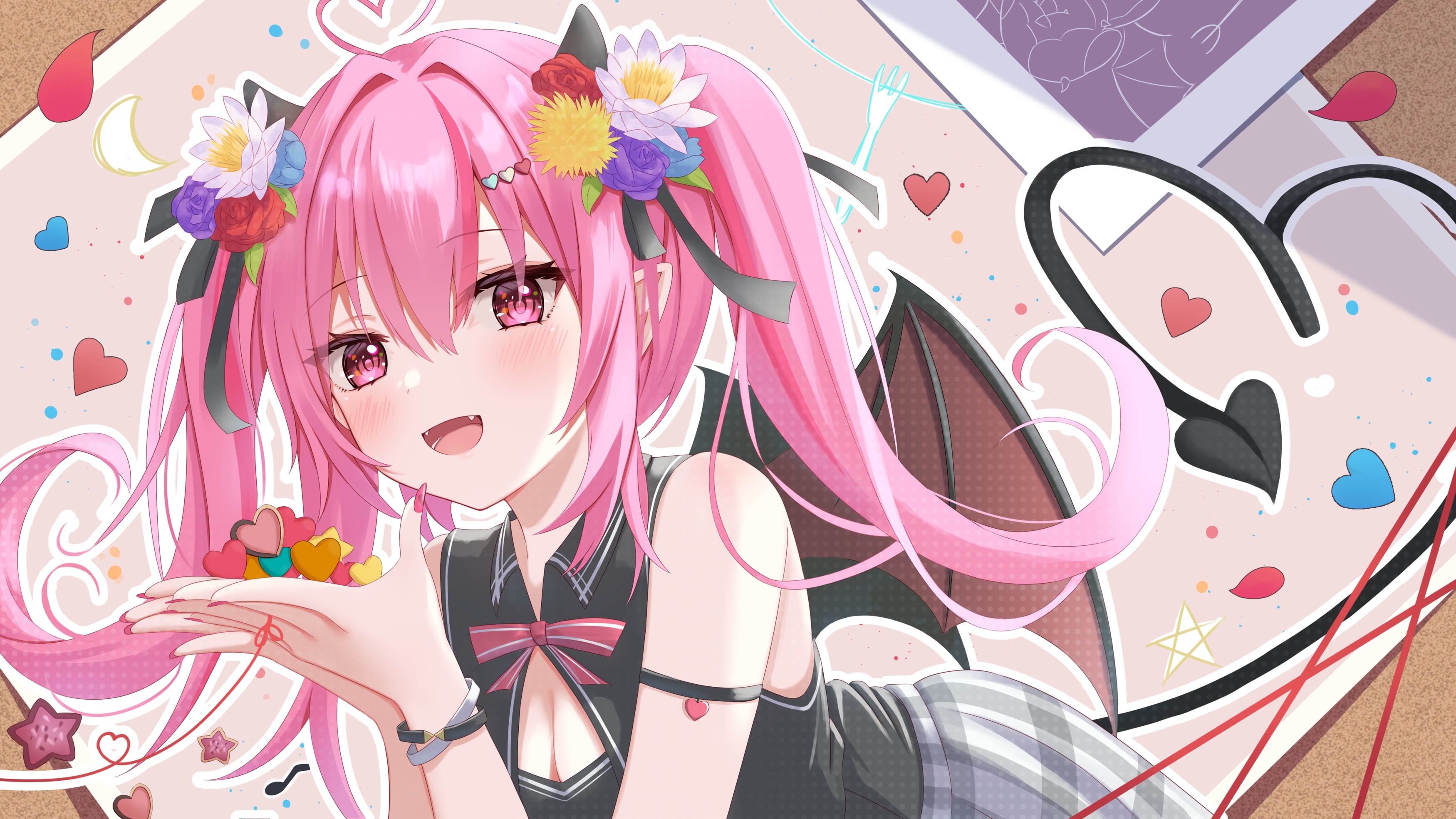 Anime Anime Girls Twintails Long Hair Demon Tail Open Mouth Pink Hair Pink Eyes Looking At Viewer Bo 3500x1969