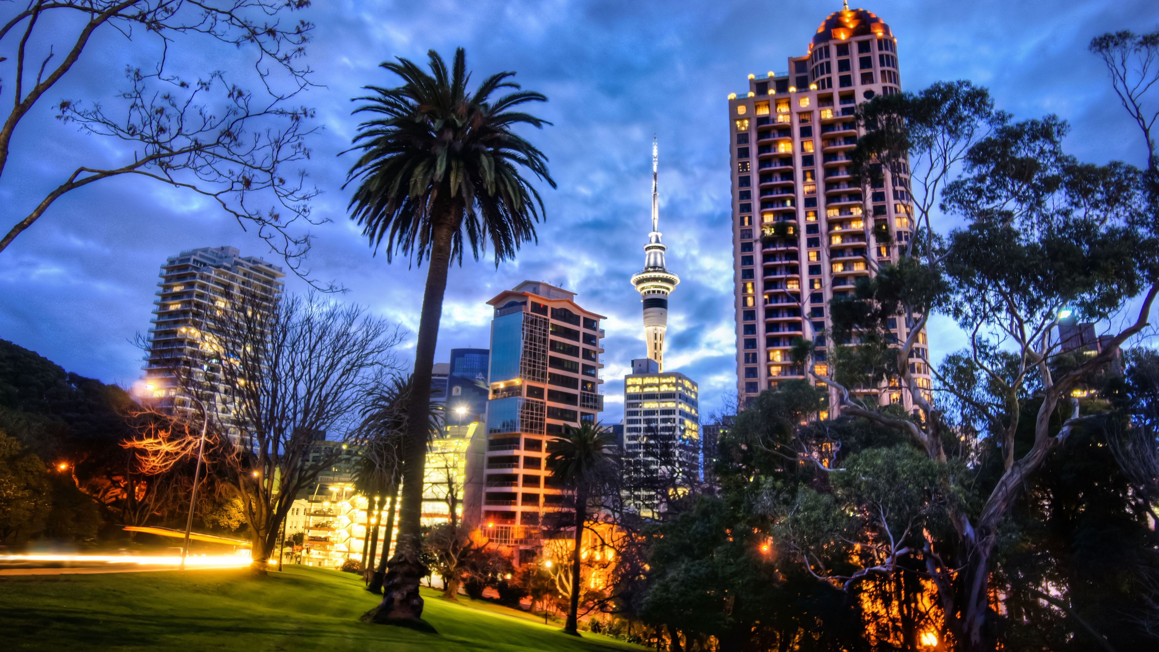 Trey Ratcliff Photography 4K New Zealand Cityscape Building Park Tower Night Lights Trees Grass City 3840x2160
