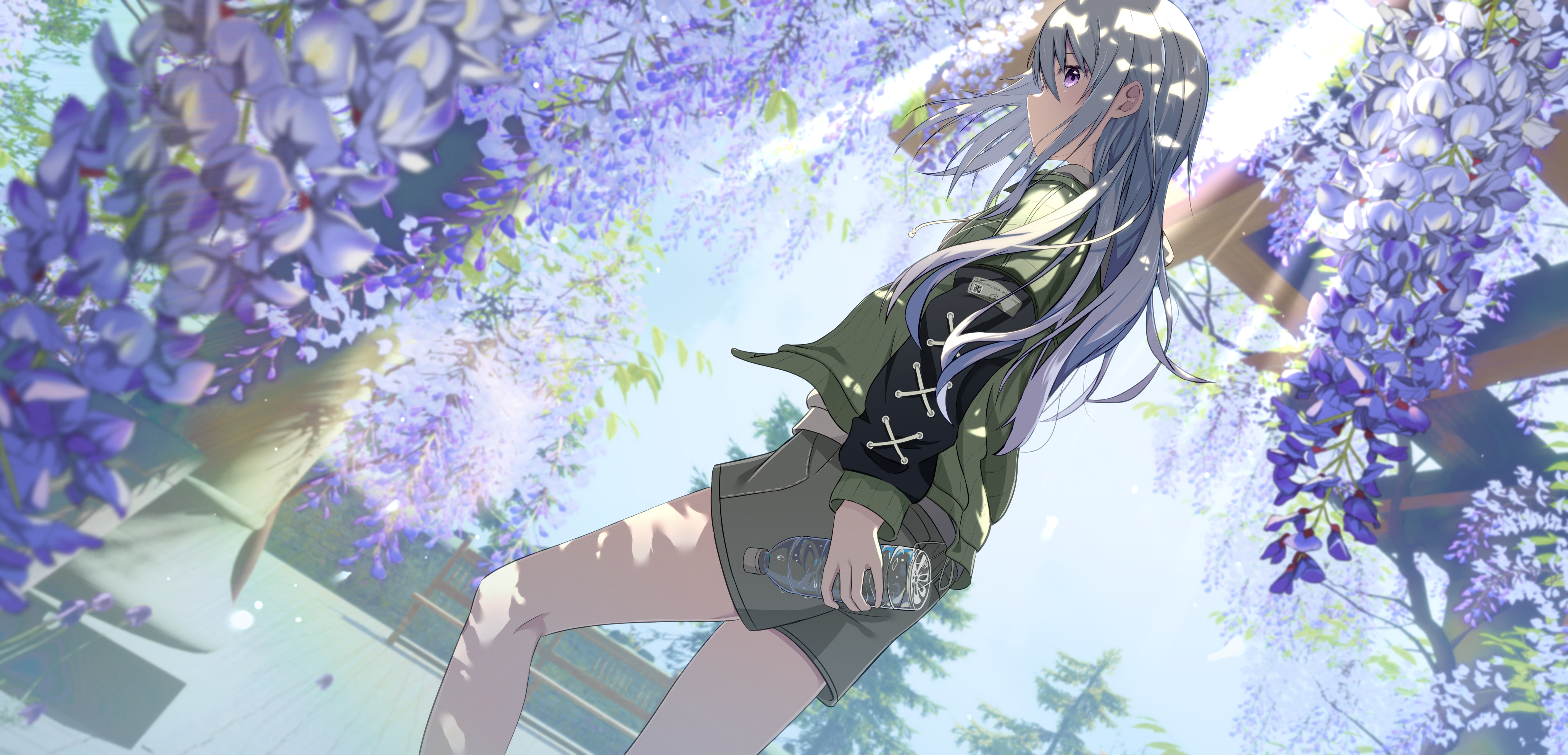 Anime Anime Girls Long Hair Sunlight Water Bottle Flowers Looking At Viewer 4108x1979