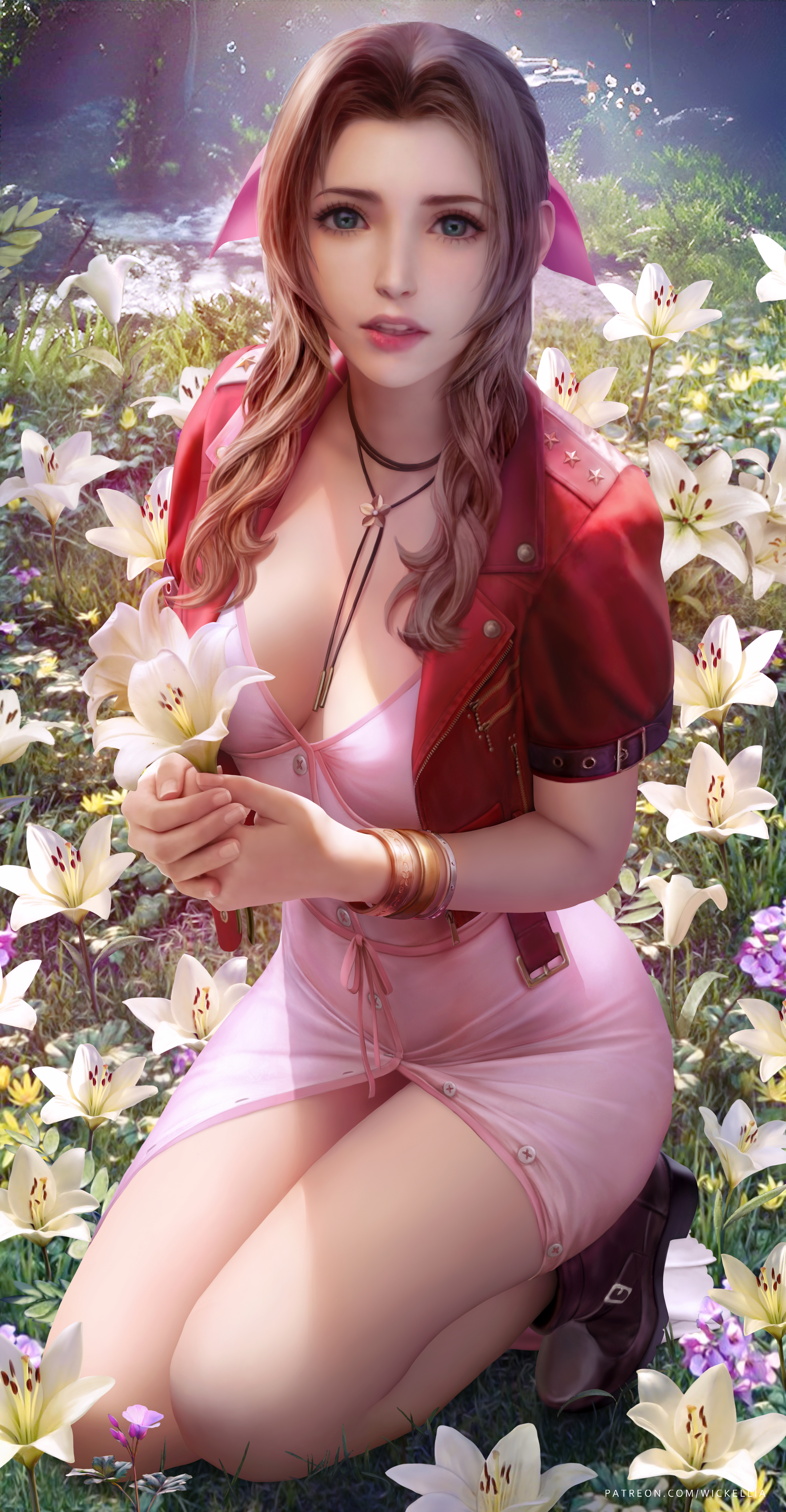 Aerith Gainsborough Final Fantasy Video Games Video Game Characters Video Game Girls Flowers Artwork 3900x7500