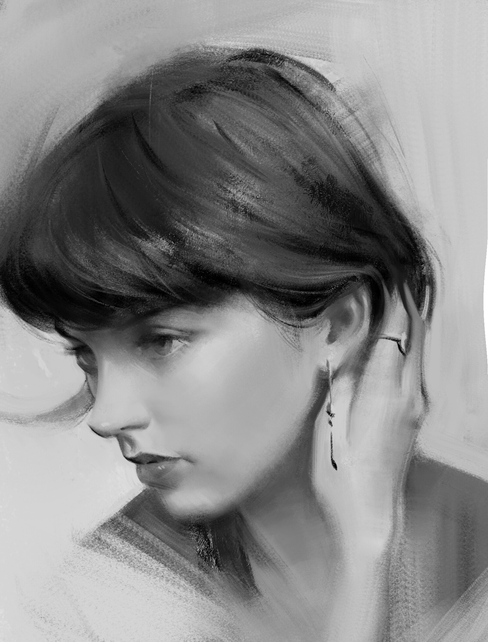 Illustration Portrait Artwork Short Hair Profile Wang Xiao Women Painting 1624x2136