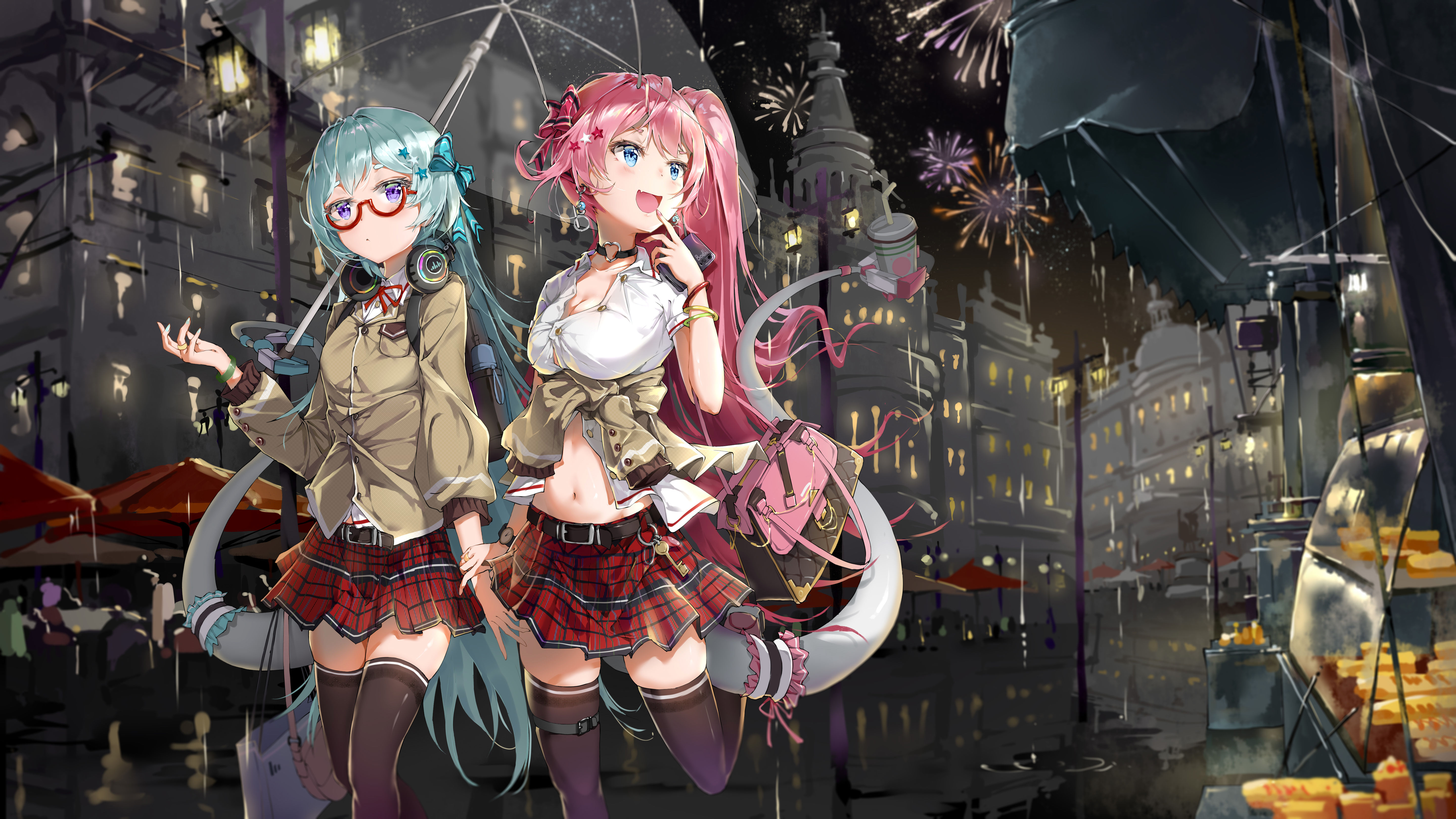 BODHi Anime Girls Honkai Impact 3rd Umbrella Glasses Schoolgirl School Uniform Headphones Fireworks  5760x3240
