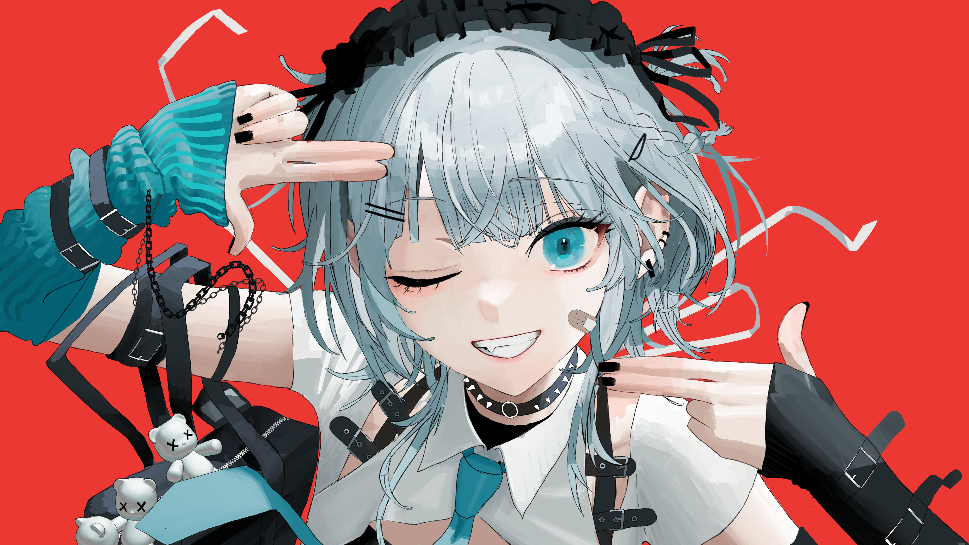 Anime Anime Girls One Eye Closed Blue Eyes Silver Hair Finger Gun Band Aid  Wallpaper - Resolution:3840x2160 - ID:1350964 