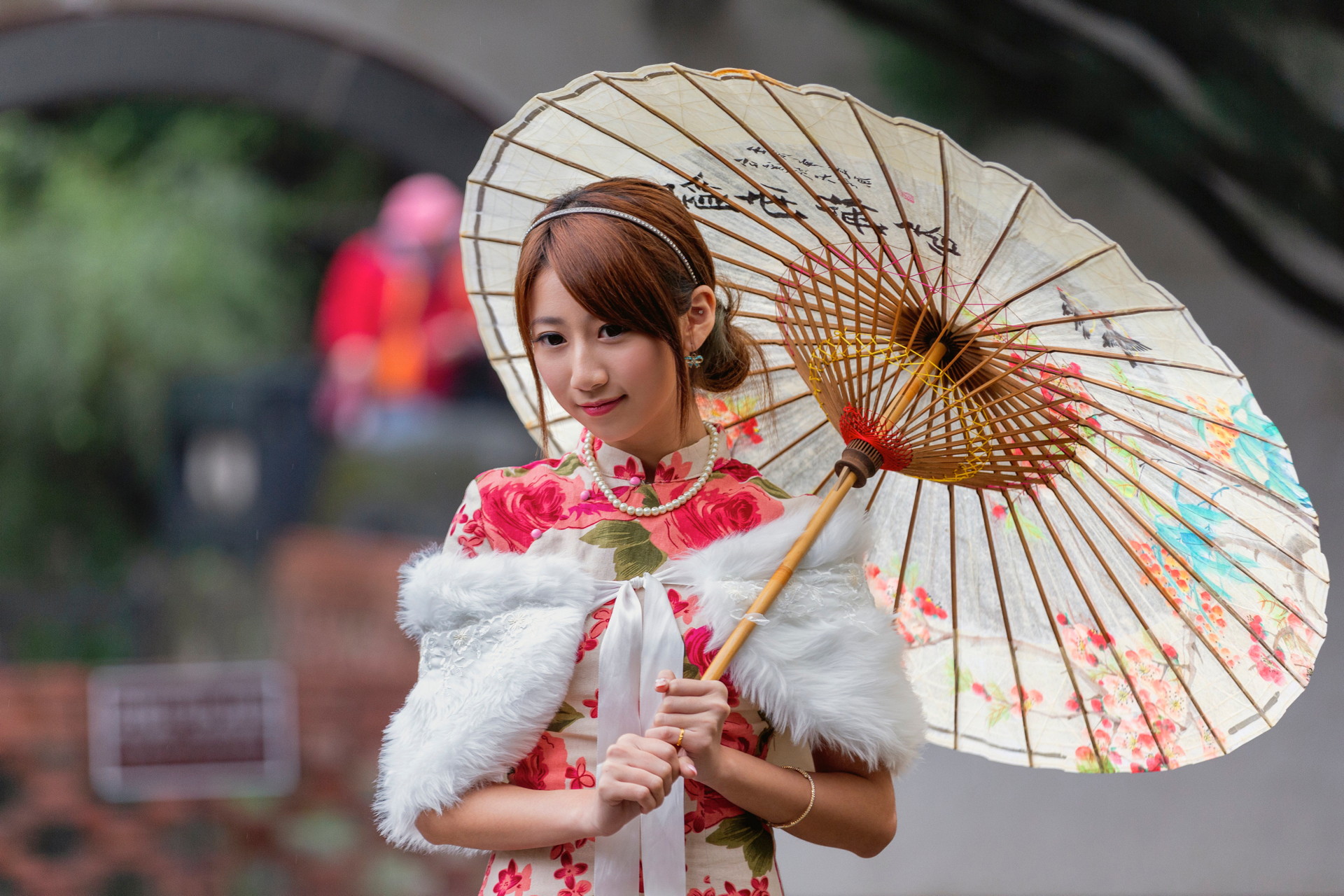 Asian Model Women Long Hair Dark Hair Japanese Umbrella 1920x1280
