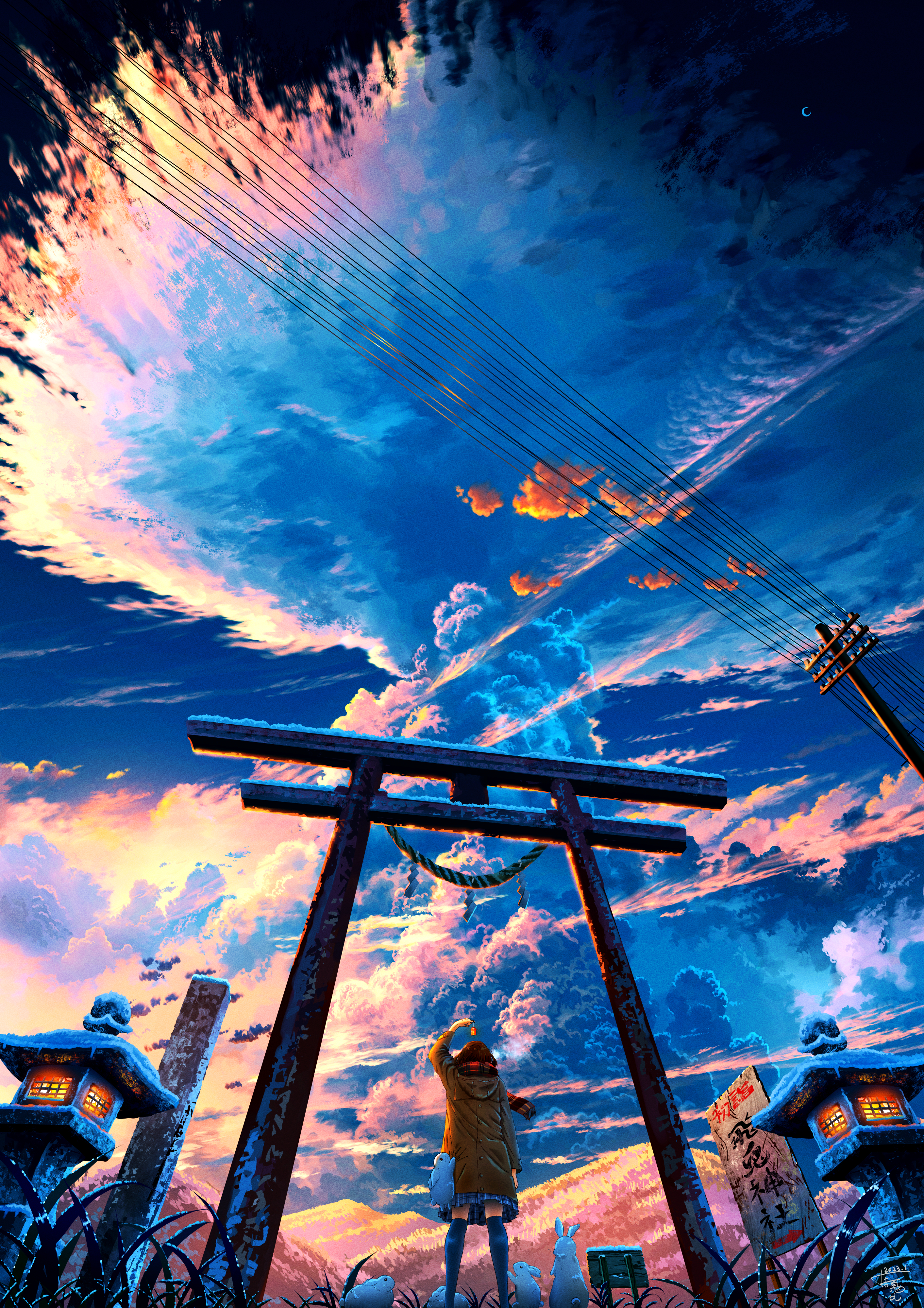 Shuu Illust Vertical Anime Girls Rear View From Behind Clouds Sky Sunset Wires Low Angle Cumulus Tor 2827x4000