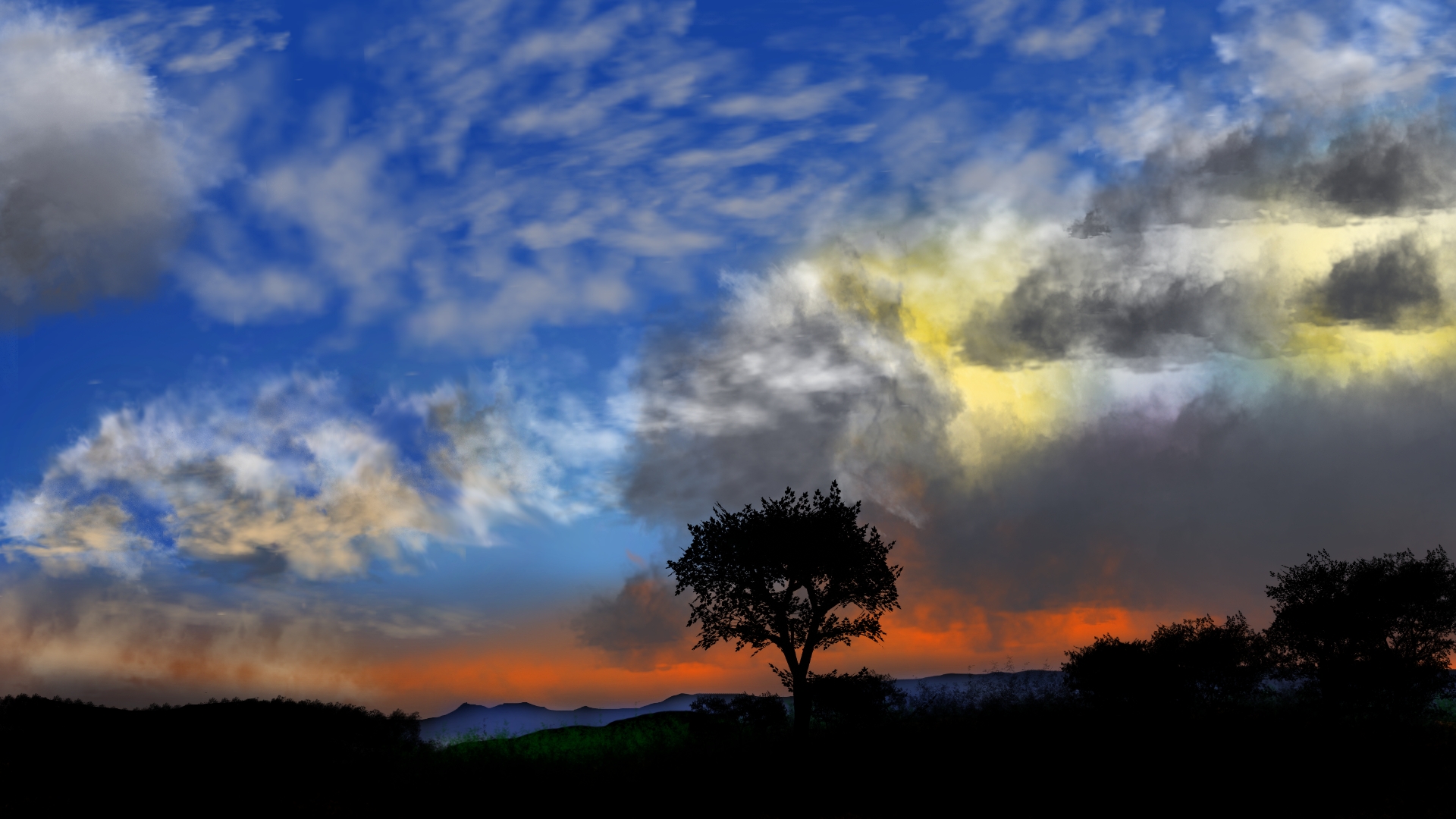 Digital Painting Digital Art Nature Landscape Colorful Twilight Clouds Sky Trees 1920x1080