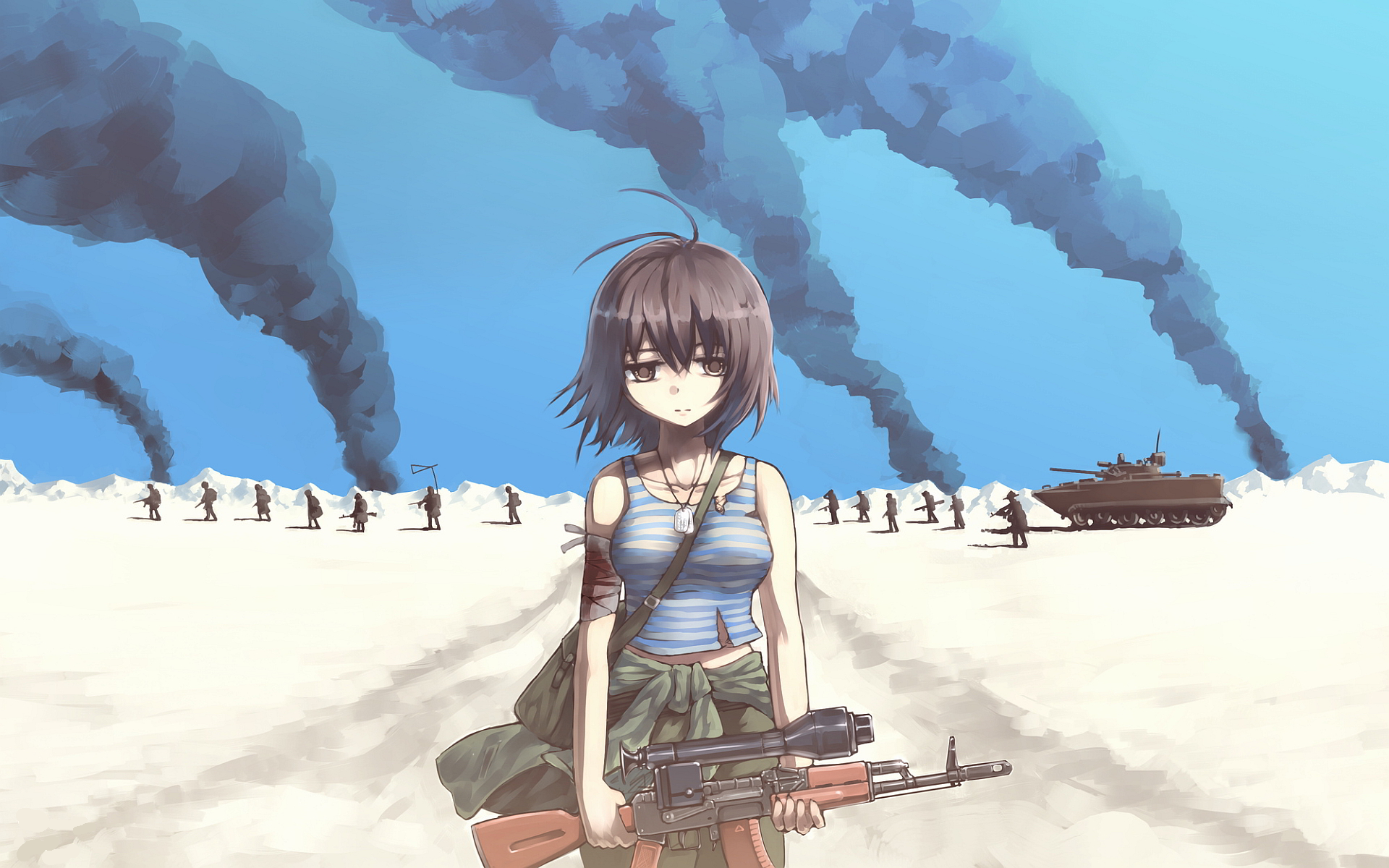 Short Hair Gun Tank Desert Smoke Brunette Brown Eyes Looking At Viewer Soldier Anime Girls Artwork 1920x1200