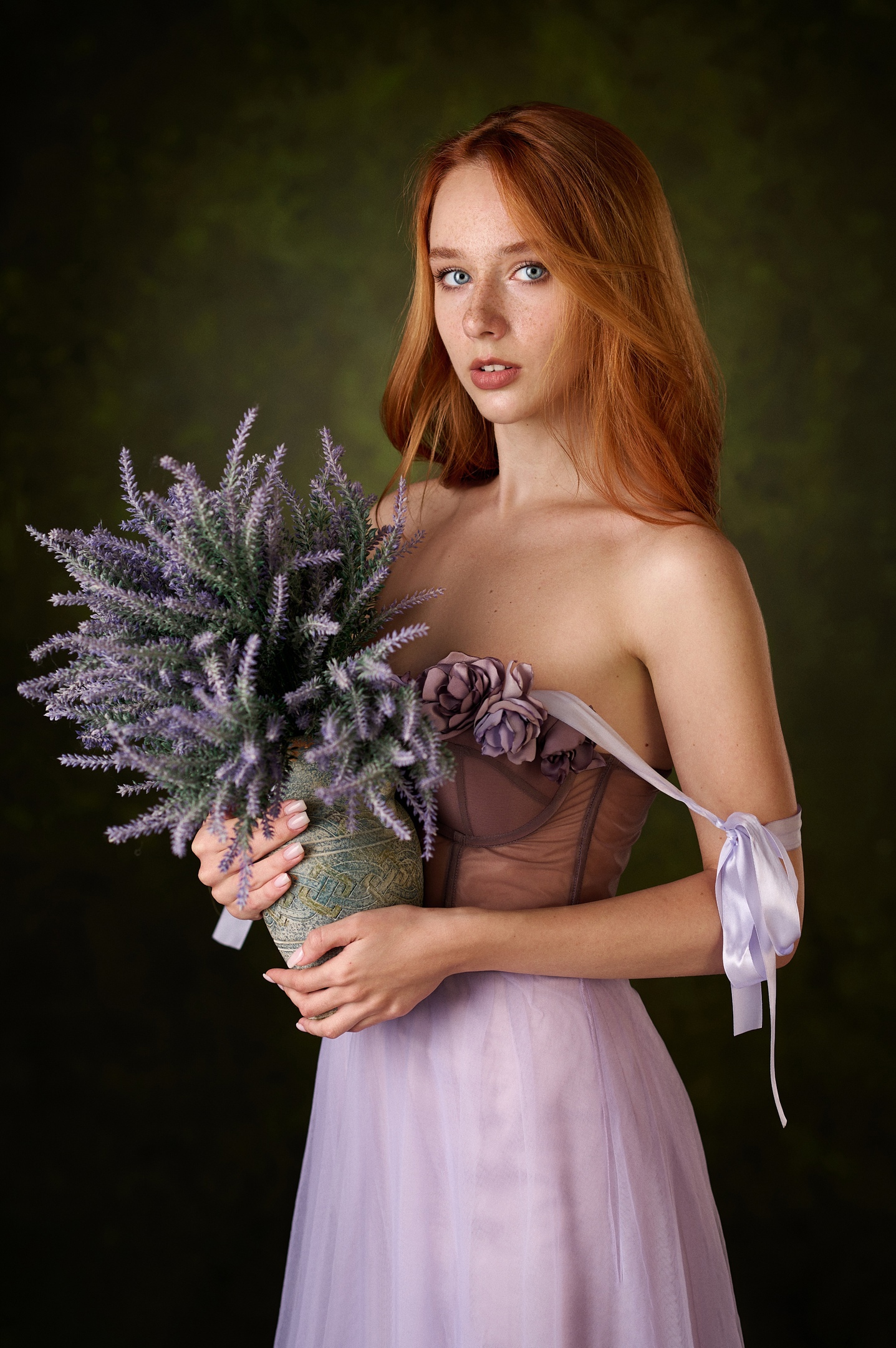 Max Pyzhik Women Redhead Dress Bare Shoulders Flowers Simple Background Studio Model 1437x2160