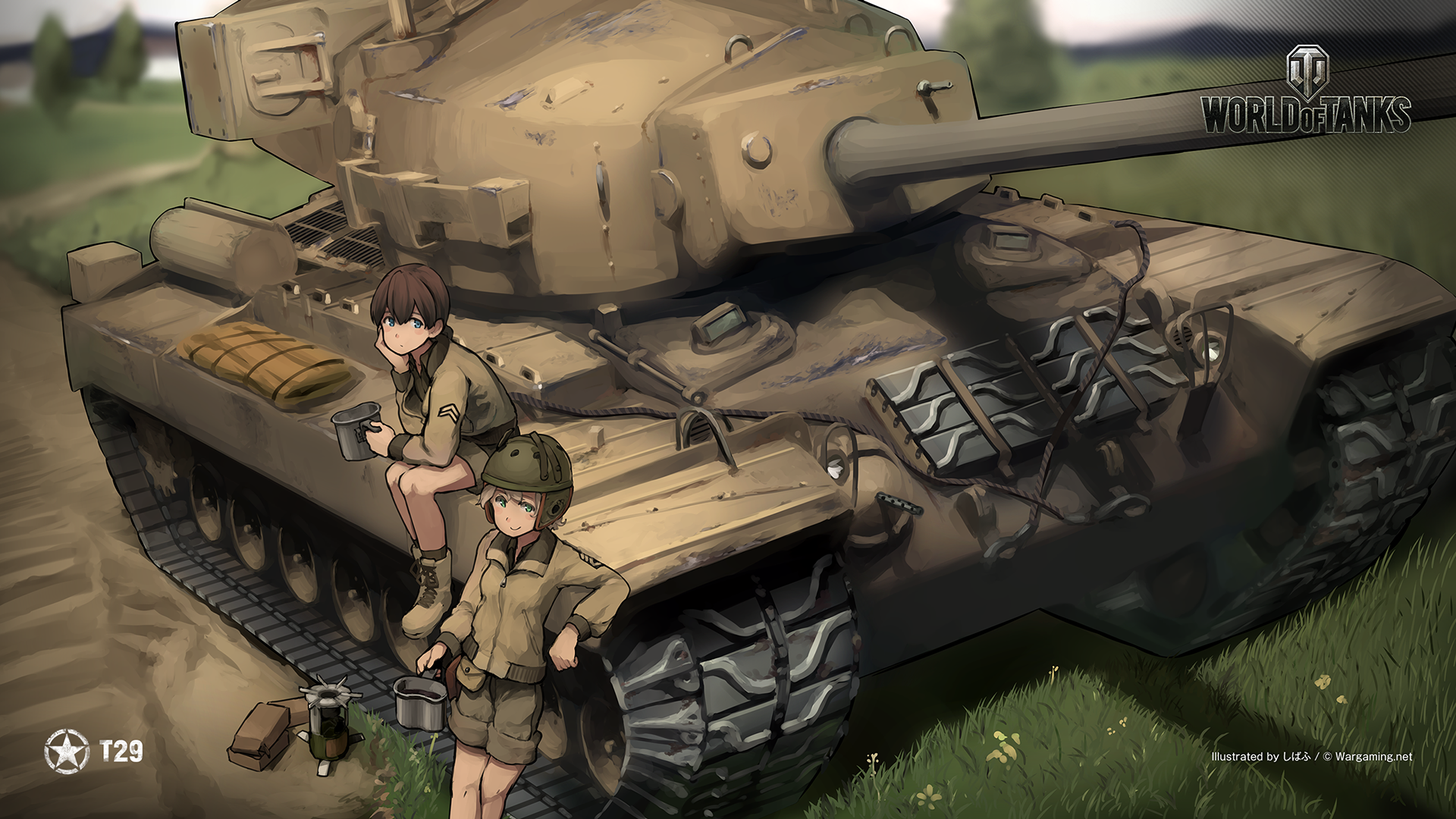 World Of Tanks Kantai Collection Anime Girls Helmet Grass Military Vehicle Tank Signature Watermarke 1920x1080