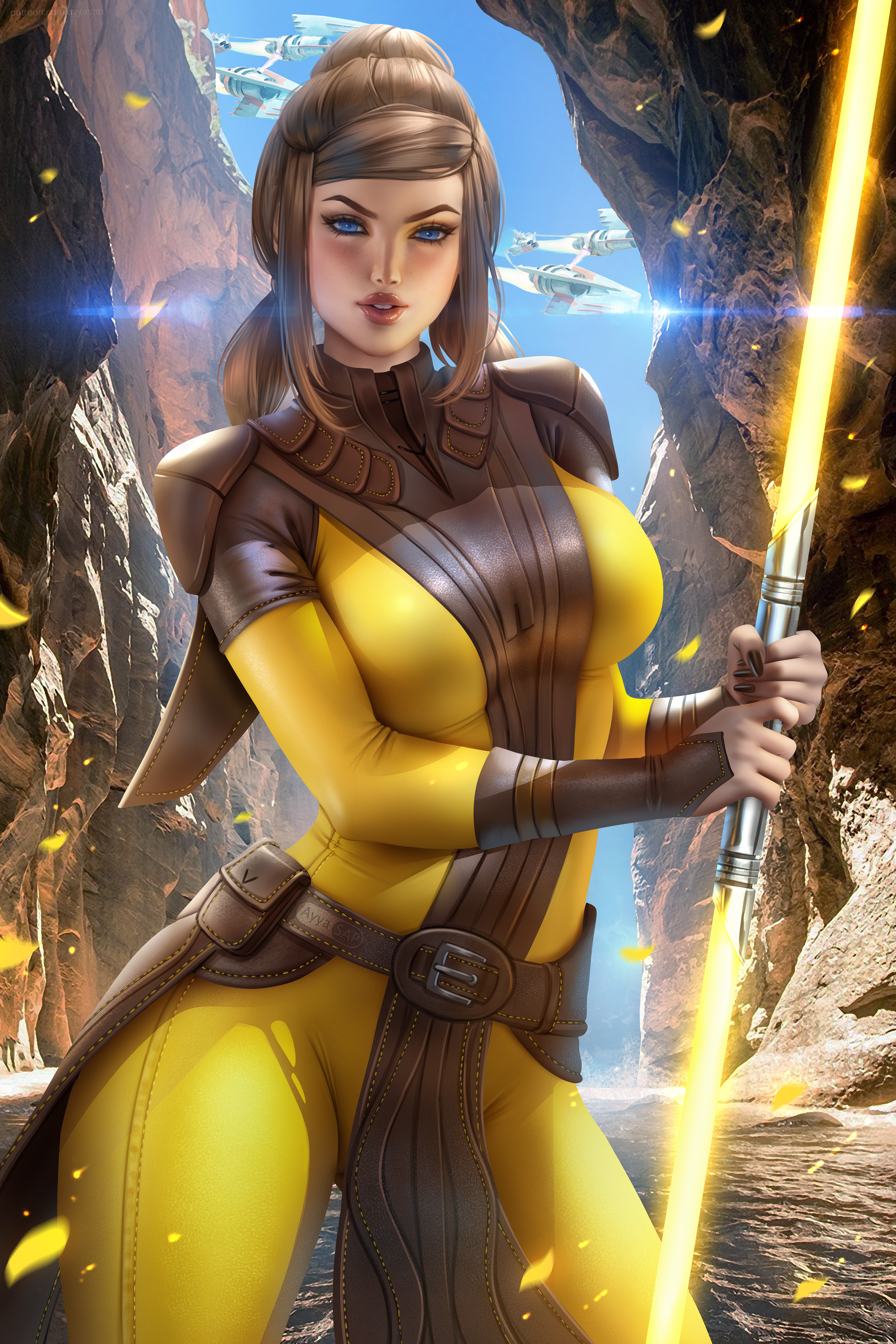 Bastila Shan Star Wars Fictional Character Twintails Yellow Clothing Blue Eyes 2D Artwork Drawing Fa 4000x6000