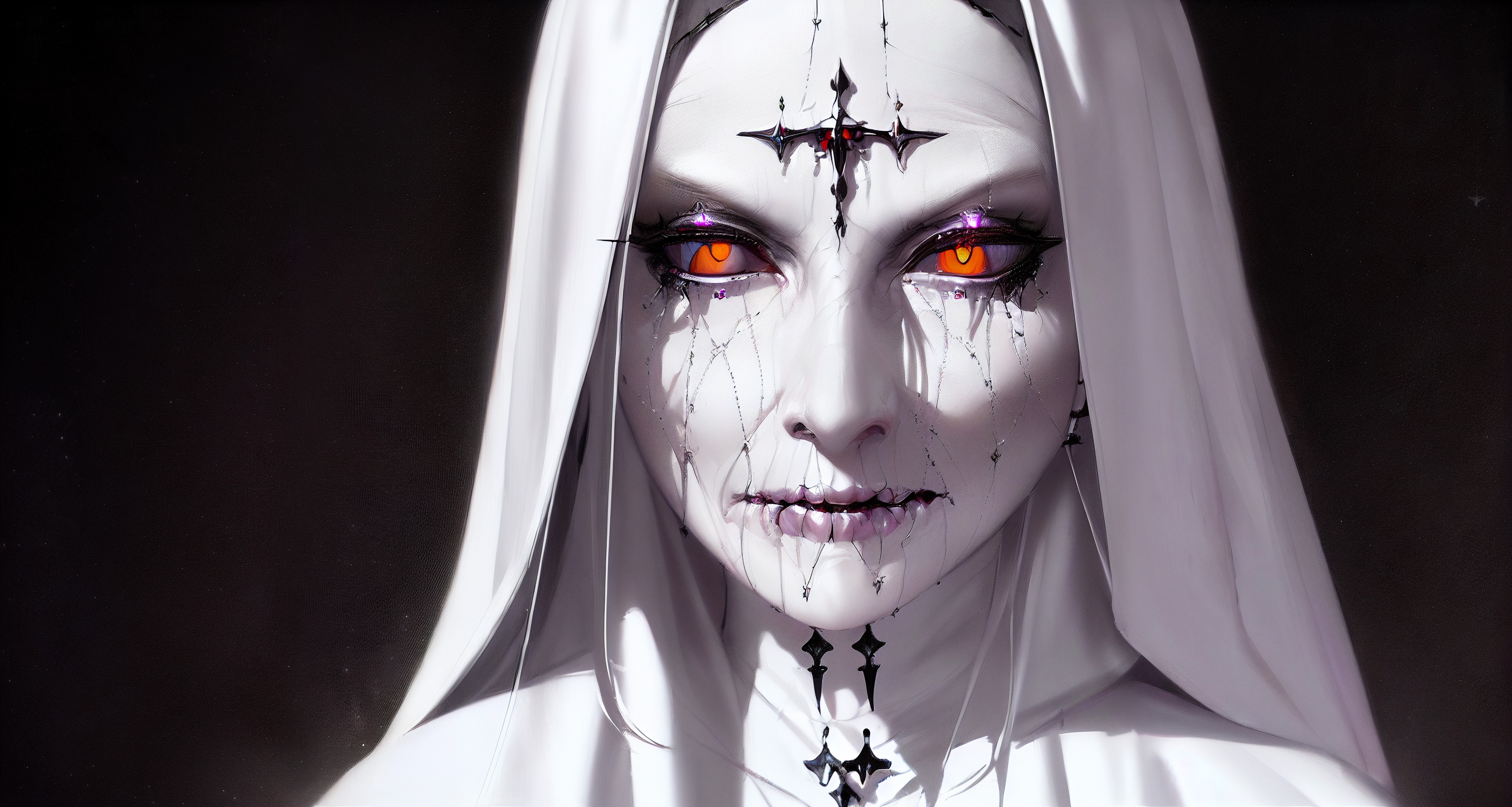 Ai Generated Women Nuns Habit White Skin Piercing Orange Eyes Cross Demon Face Black Background Whit 4050x2160