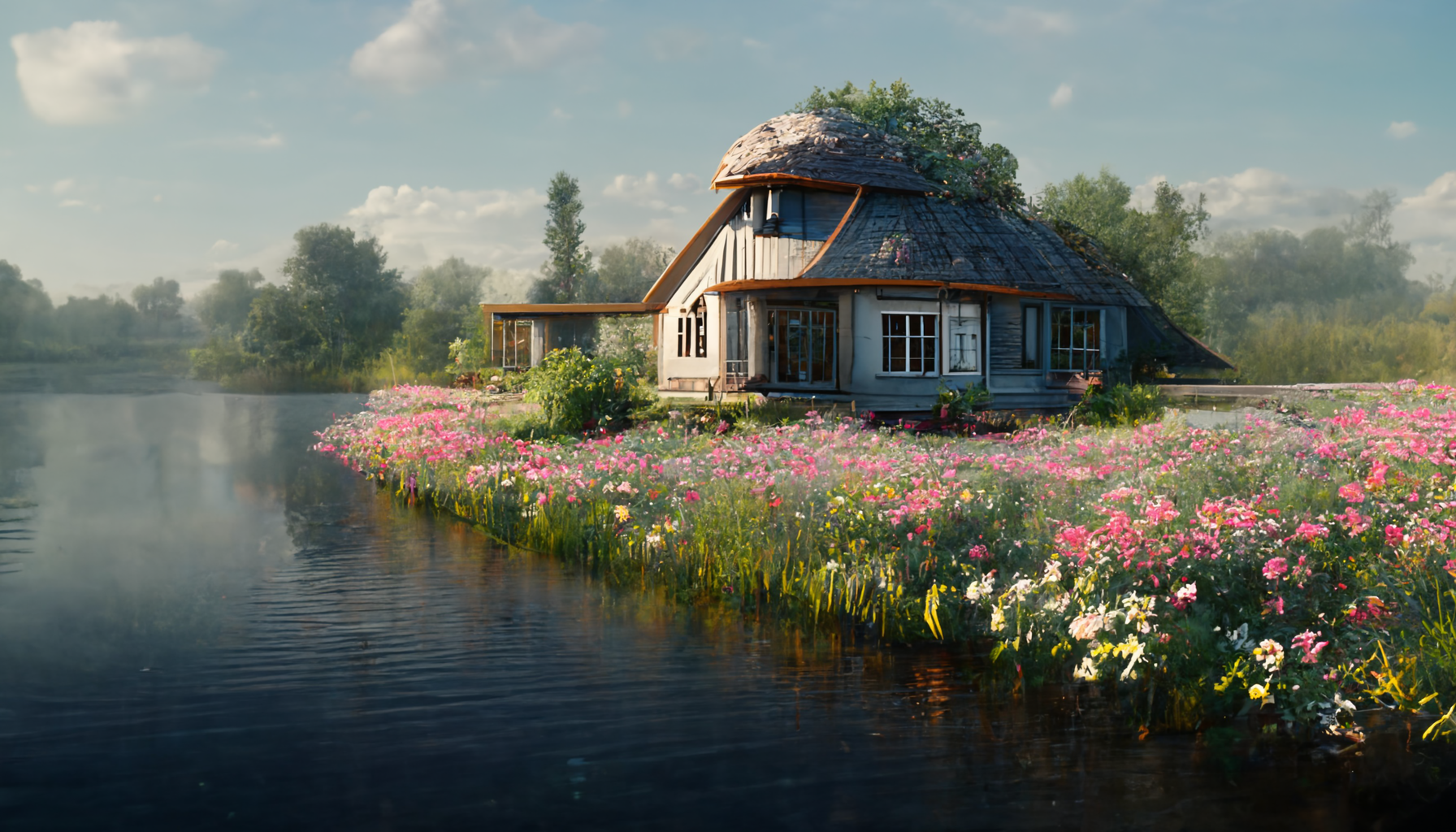 House Cottage Lake Flowers Grass Trees Forest Nature Ai Art 1792x1024