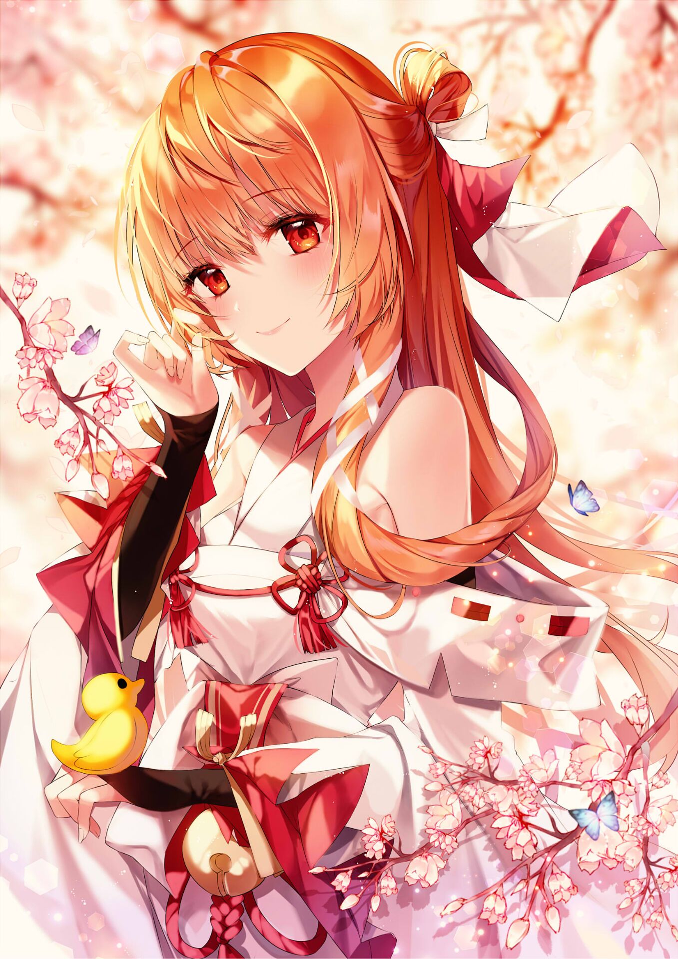 Anime Dragon Raja Vertical Anime Girls Smiling Redhead Red Eyes Branch Flowers Butterfly Rubber Duck 1357x1920