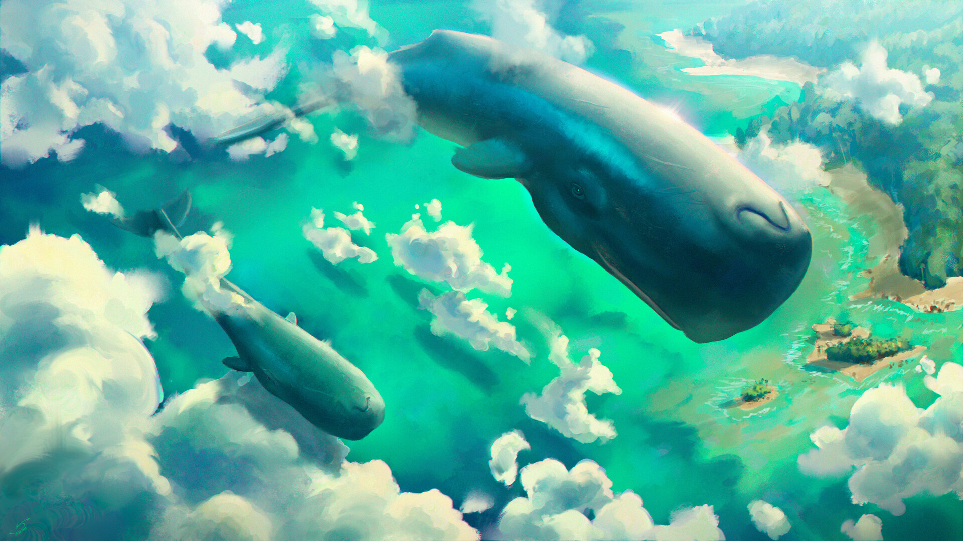 Victor Sales Digital Art Fantasy Art ArtStation Whale Sky Clouds Island Animals Water 1920x1080