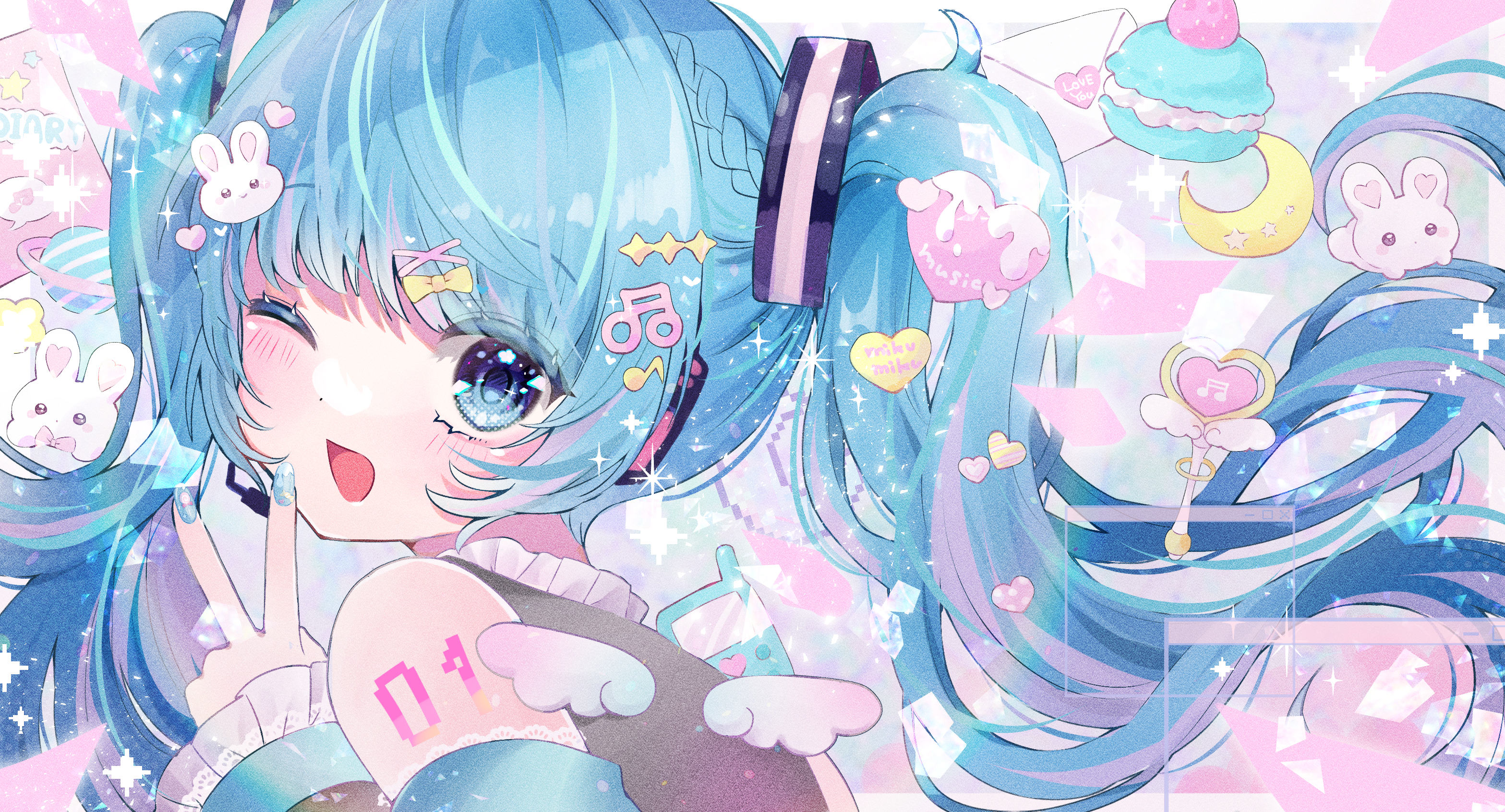 Pixiv Anime Girls Hatsune Miku Vocaloid One Eye Closed Blushing Peace Sign Open Mouth Looking At Vie 3135x1692