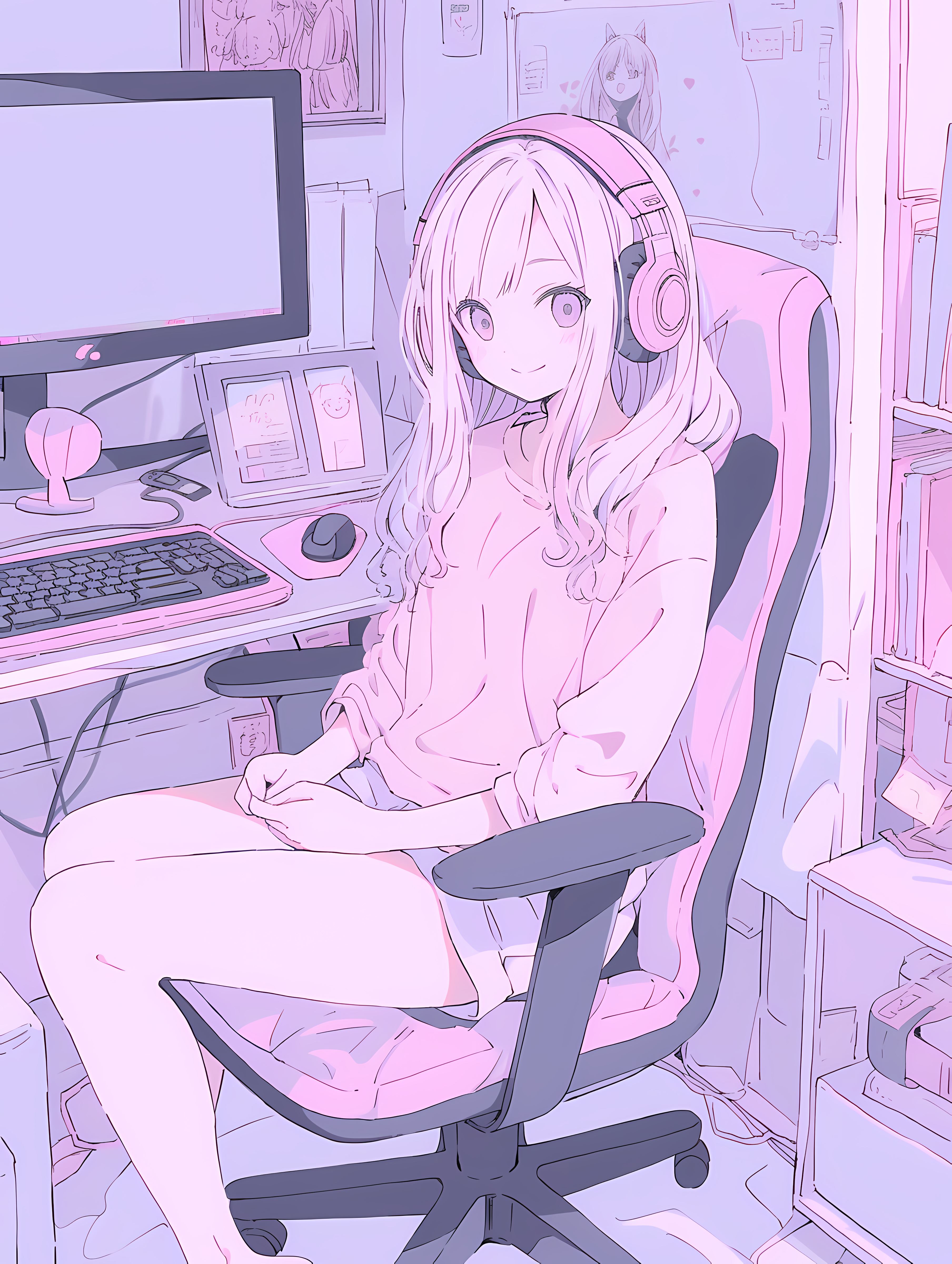 Anime Girls Anime Looking At Viewer Smiling Headphones Sitting Chair Computer Mouse Pad Long Hair In 3616x4800