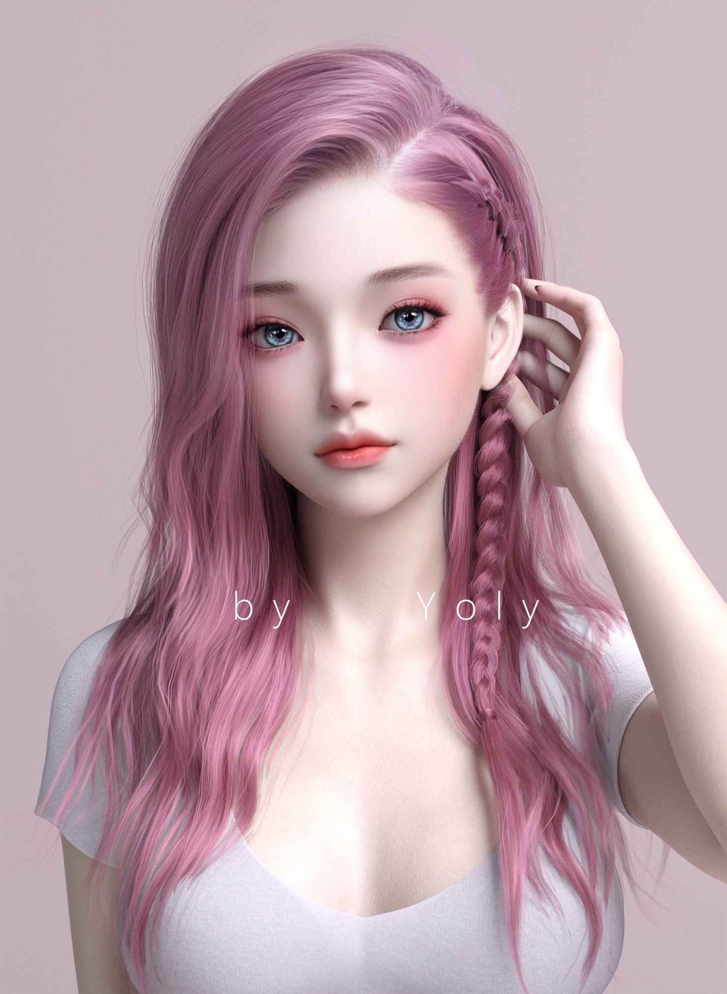 Fantasy Girl CG 3D Pink Hair Braids Blue Eyes Women 1478x2020