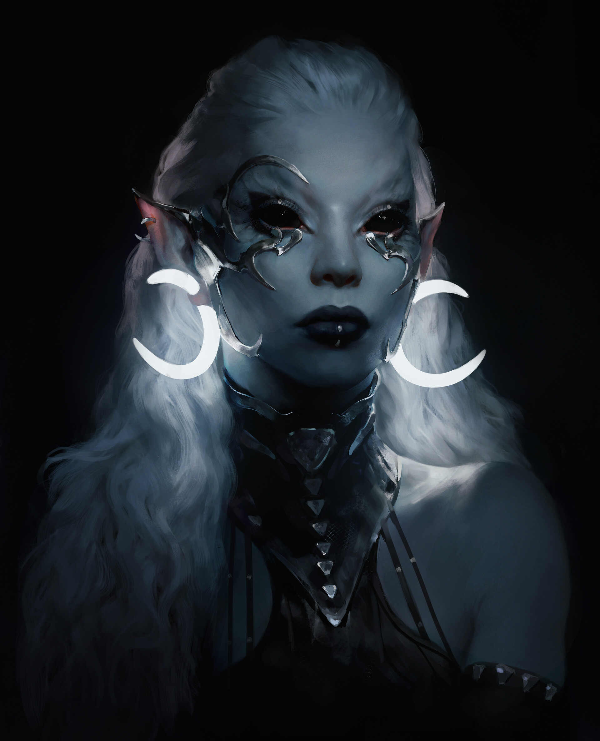 Artwork Digital Art Fantasy Art Elves Fantasy Girl Dark Eyes Black Background Pointy Ears Face Pierc 1920x2369