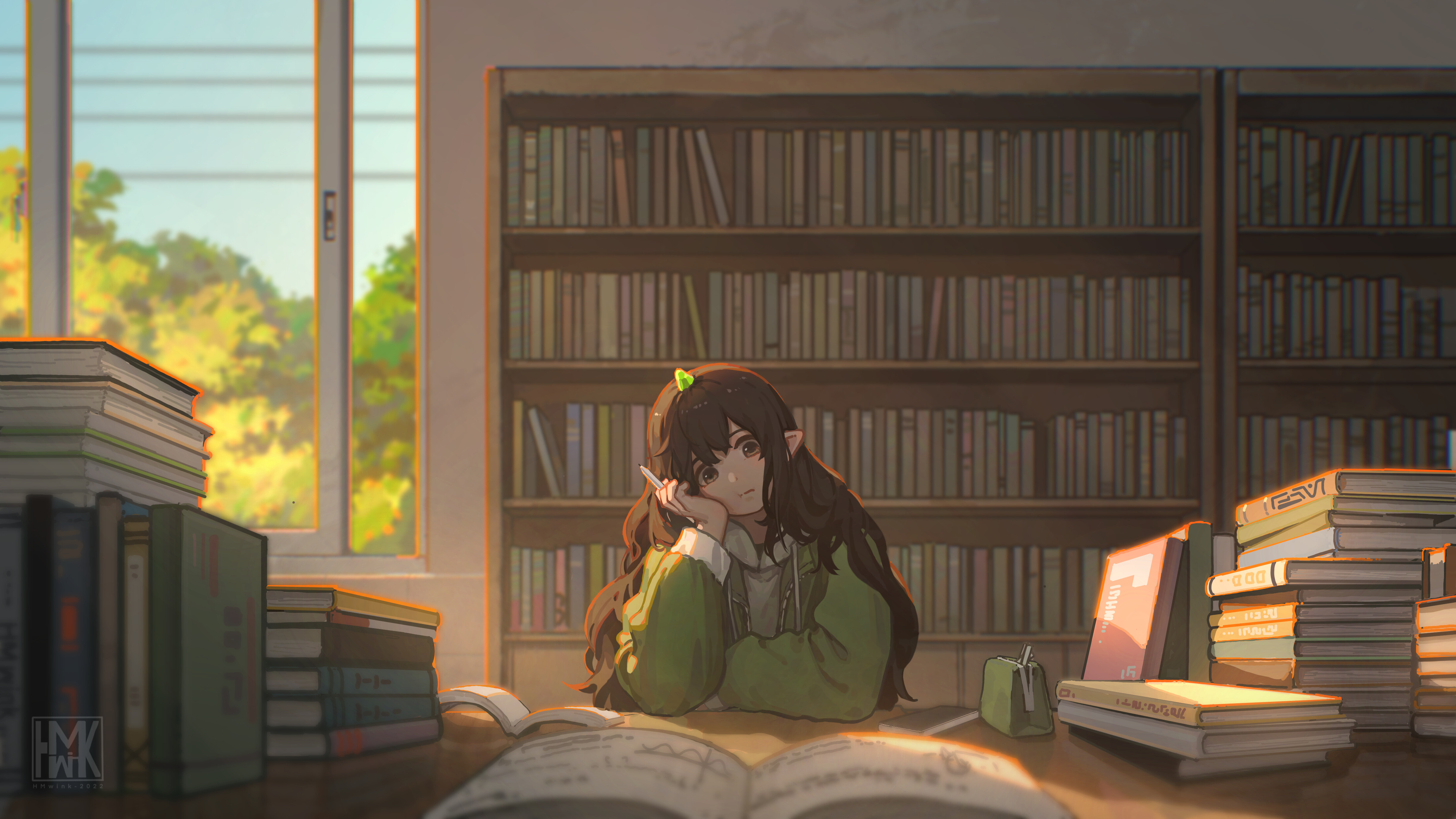Hua Ming Wink Elves Anime Girls Library Books Pointy Ears 4905x2760