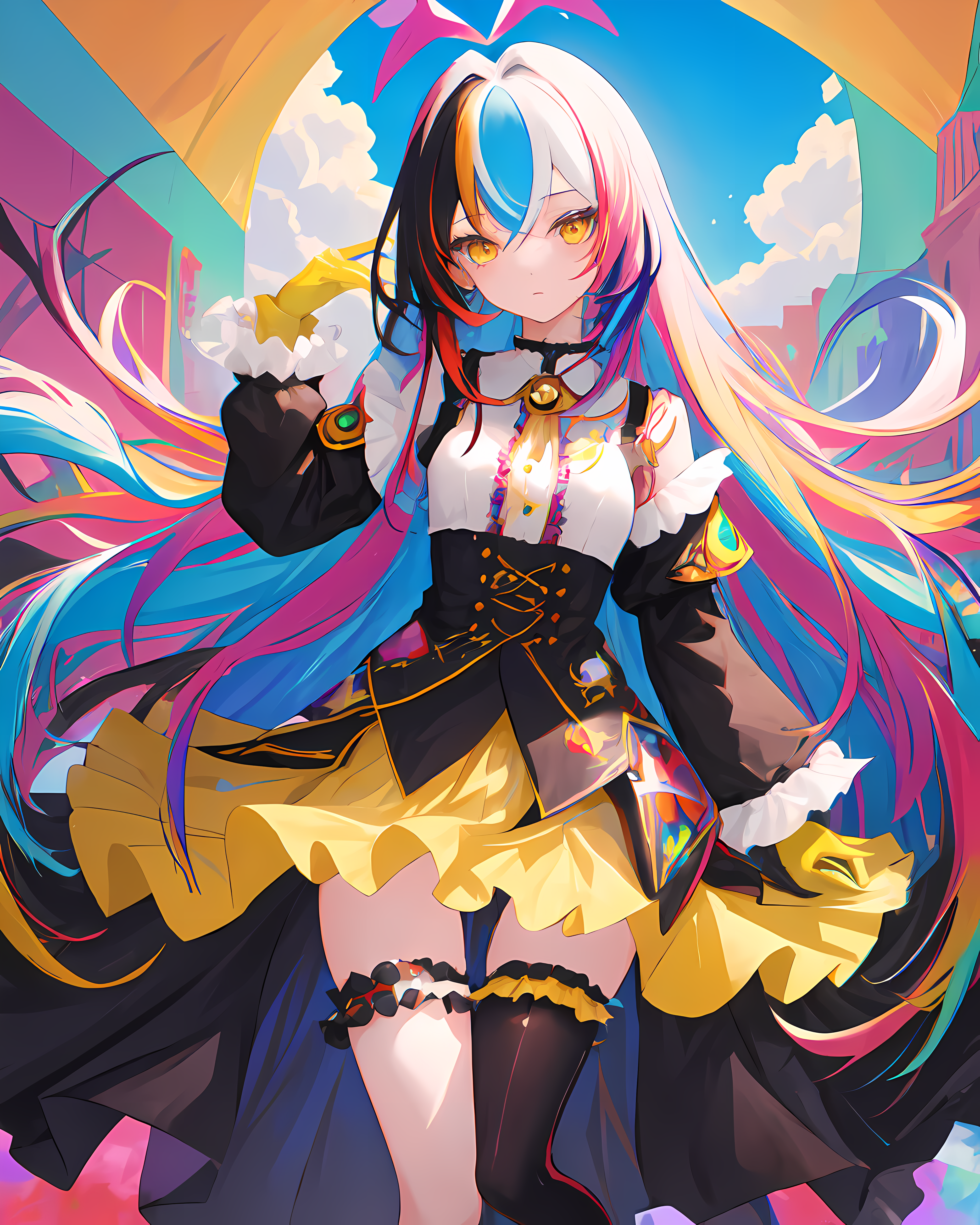 Anime Anime Girls Colorful Long Hair Multi Colored Hair Clouds Mismatched Stockings Yellow Eyes Vert 4096x5120