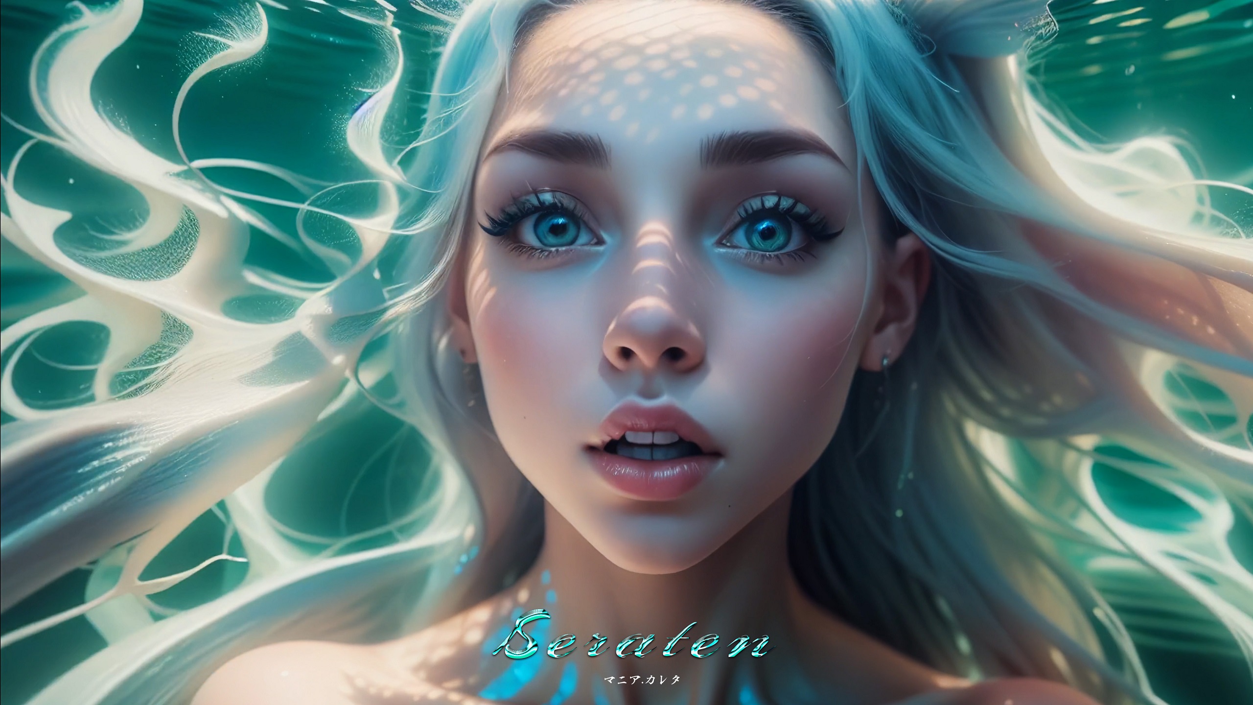 Mania Carta CGi Women Turquoise Eyes Surprised Mermaids Portrait Watermarked 2560x1440