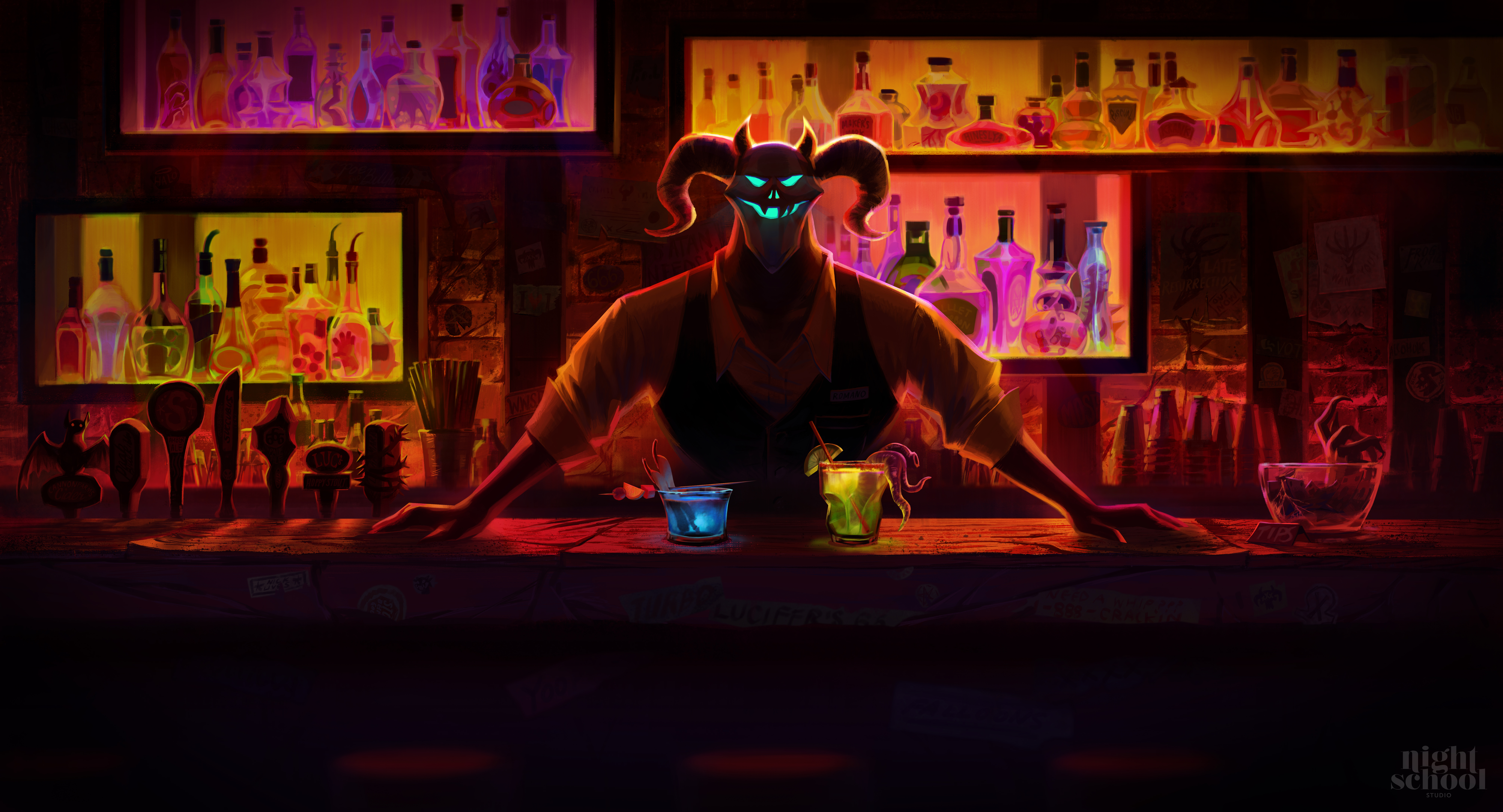 Afterparty Night School Studio Video Game Art Video Games Dark Hell Bar Demon Alcohol Tavern 8000x4324