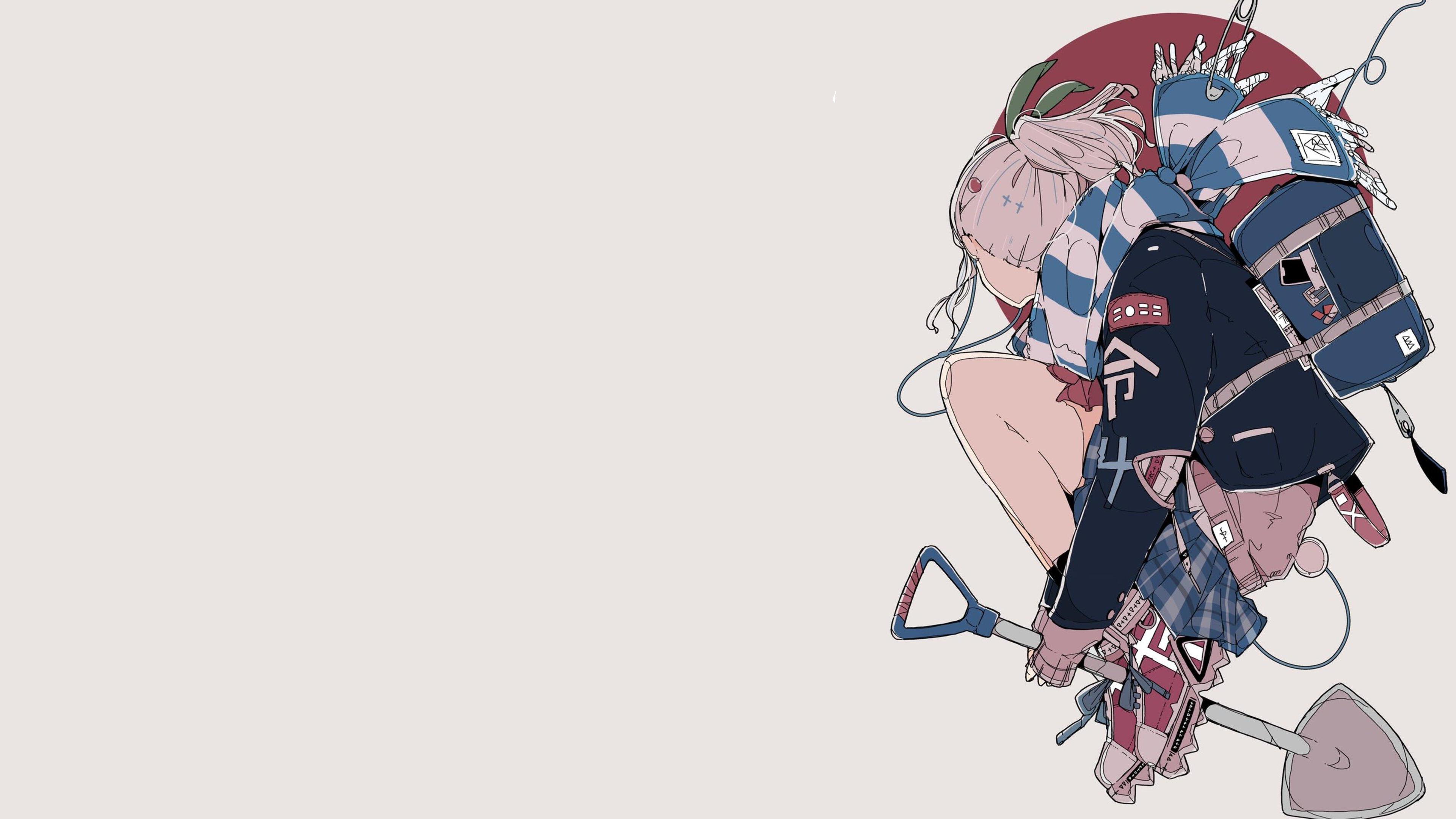 Daisukerichard Anime Girls Original Characters Scarf Simple Background Shovel Minimalism Backpacks 3840x2160