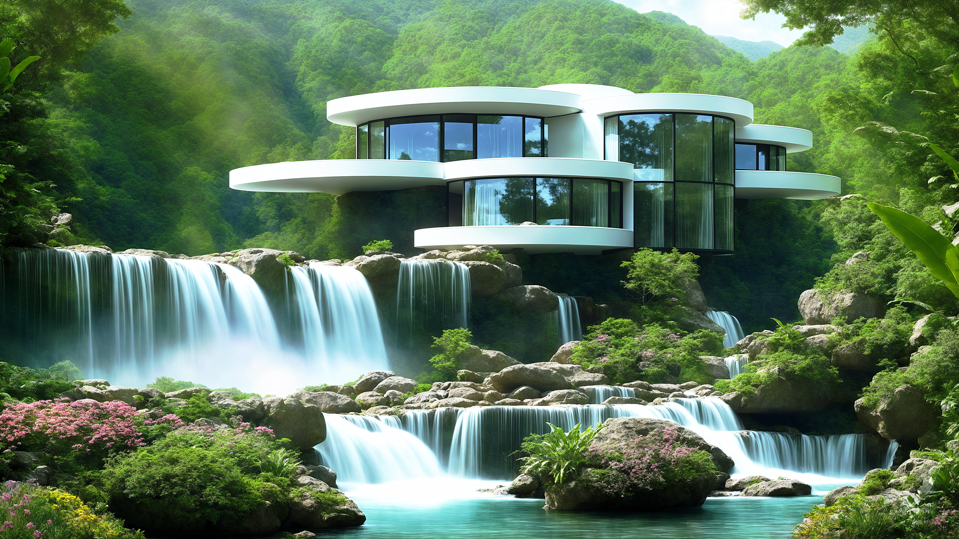 Modern House Nature Ai Art Waterfall Water Rocks Flowers 3840x2160