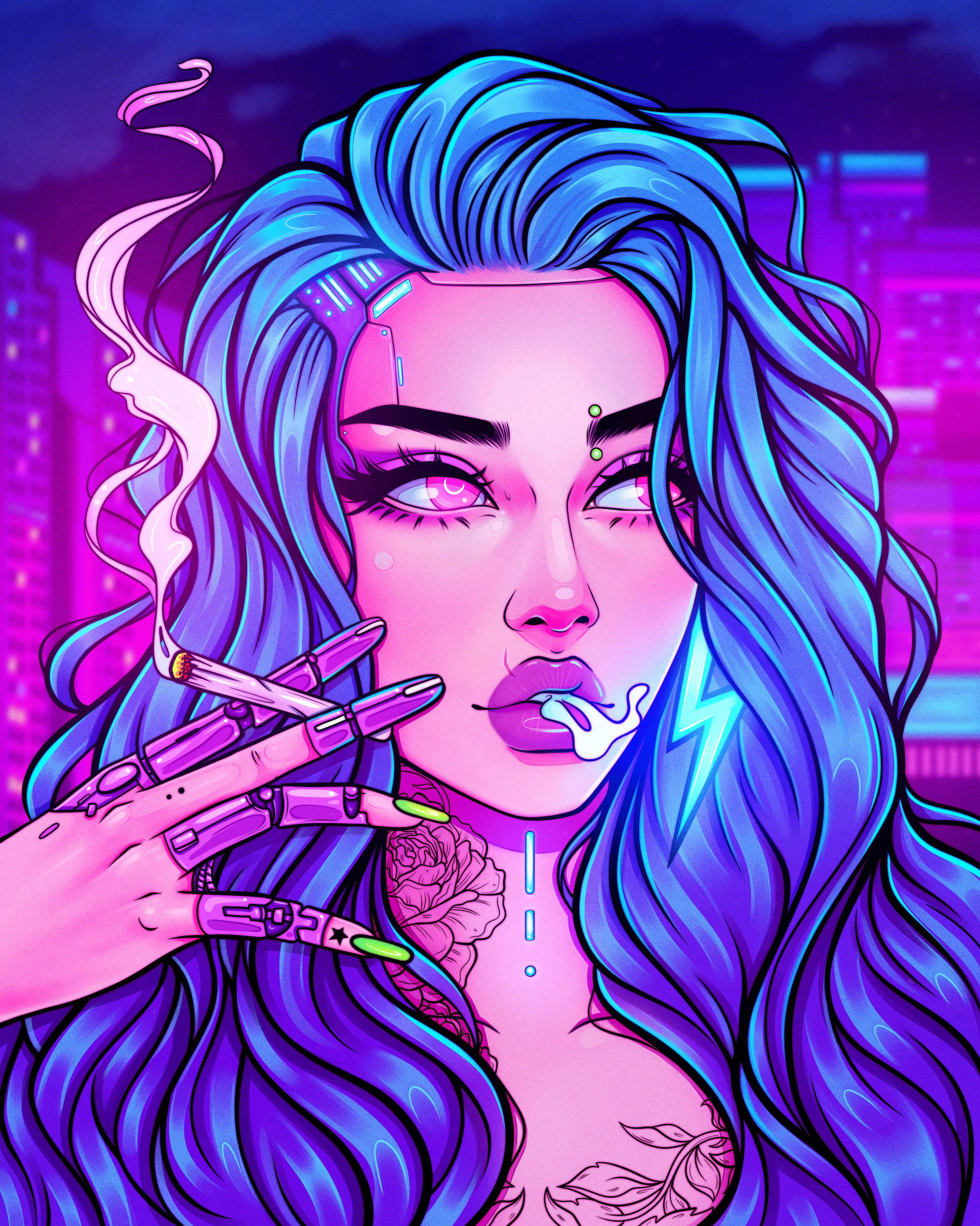 Meowgress Digital Art Artwork Illustration Women Smoking Curly Hair Long Hair Blue Hair Pink Lipstic 2400x3000