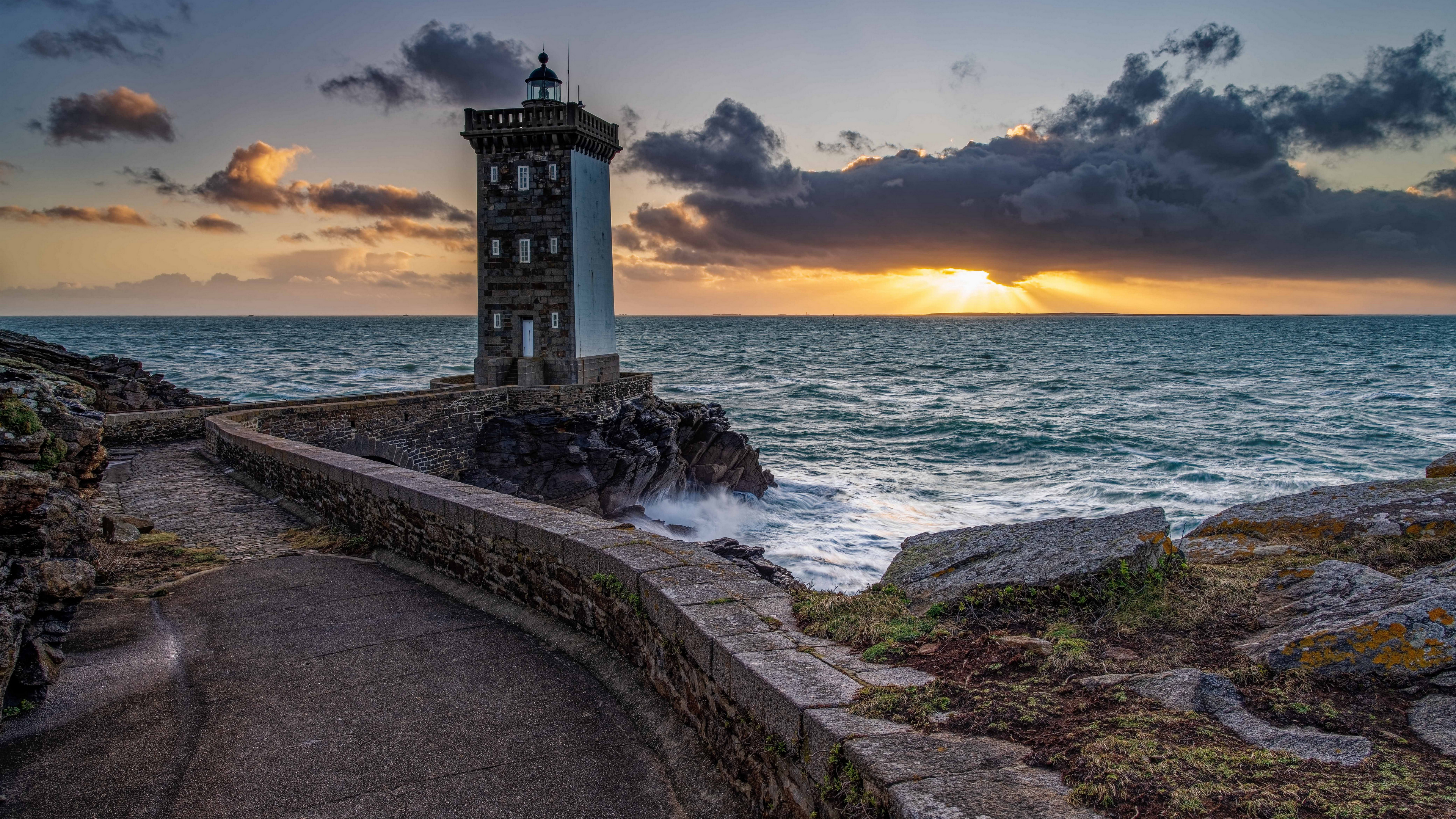 Nature Coast Sea Lighthouse France Rocks Stones Bridge Sunset Sky Clouds Waves Water 3840x2160