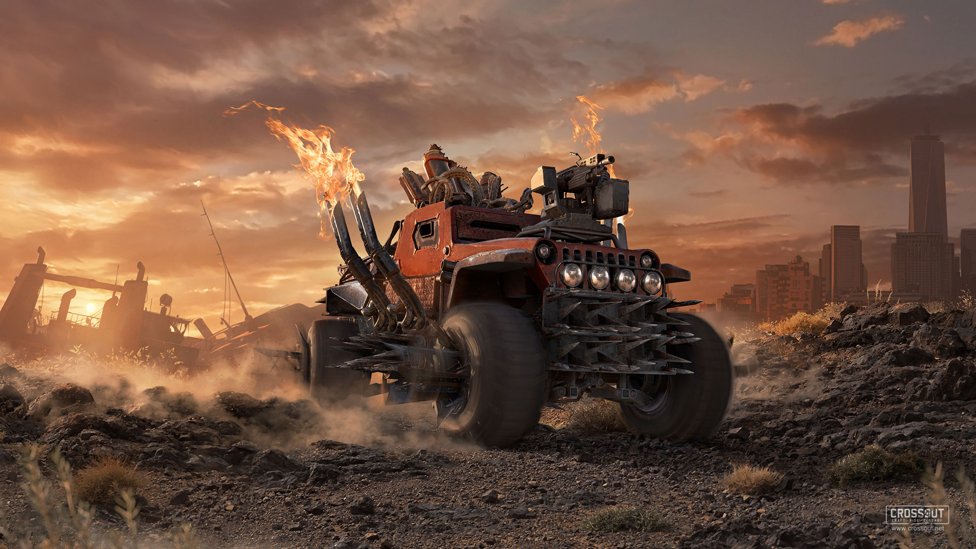 Crossout Video Games Car Vehicle Fire Sunset Glow Sunset Clouds 1920x1080