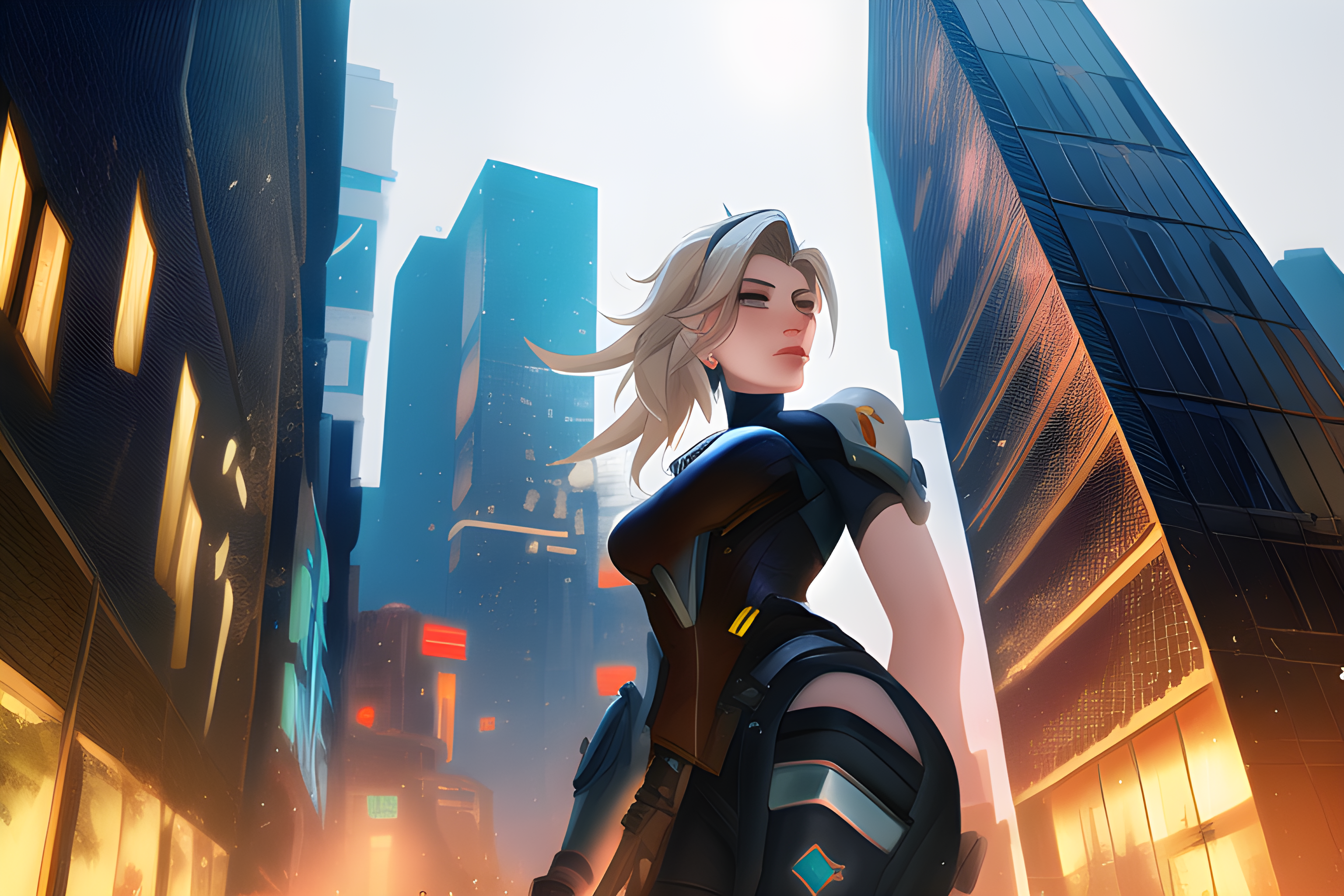 Mercy Overwatch Cyberpunk City Skyscraper Blonde Black Suit Overwatch Overwatch 2 Video Games Video  3072x2048