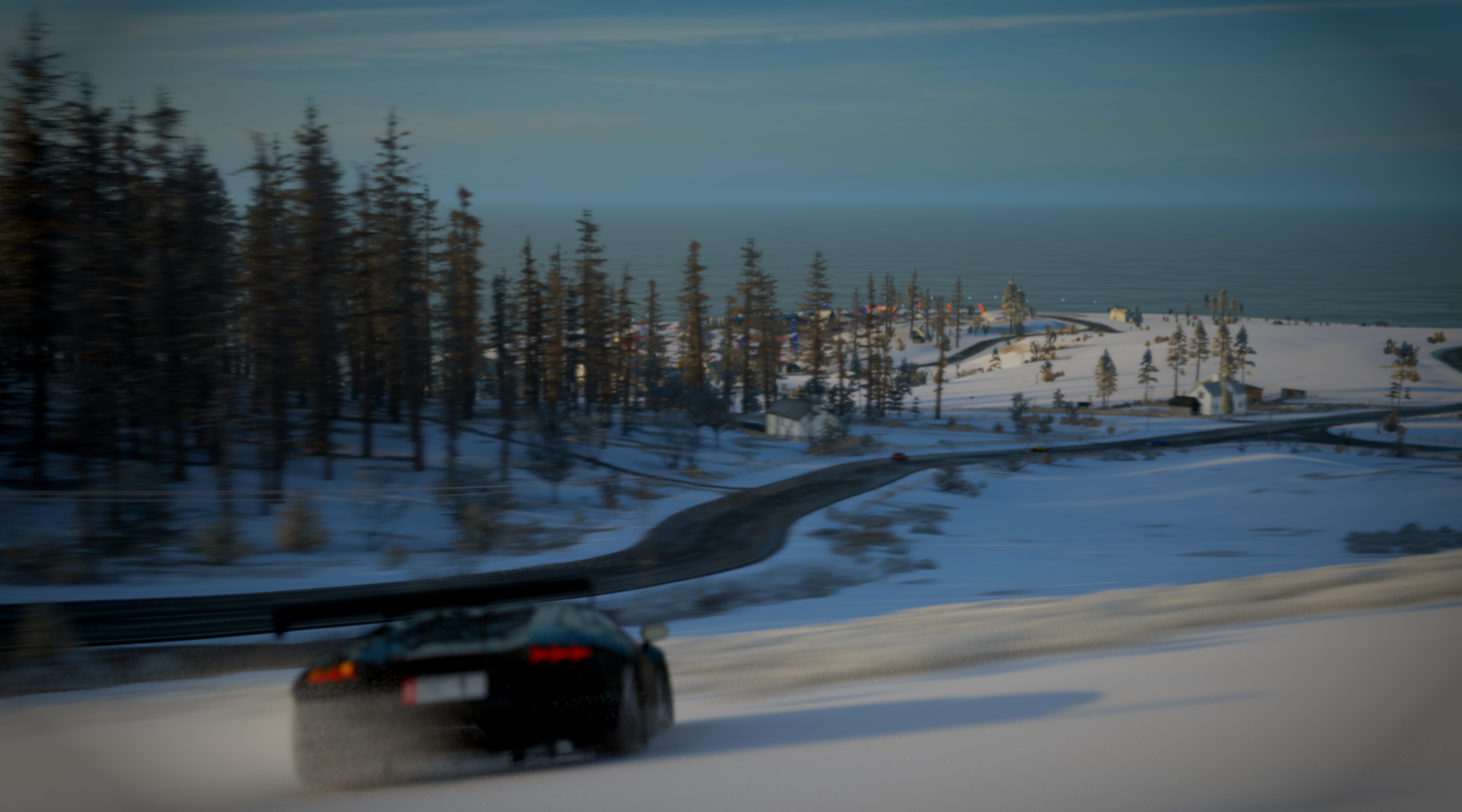 Car Blu High View Motion Blur Taillights Sea Sky Blue Trees Blurry Background Snow Rear View 2556x1420