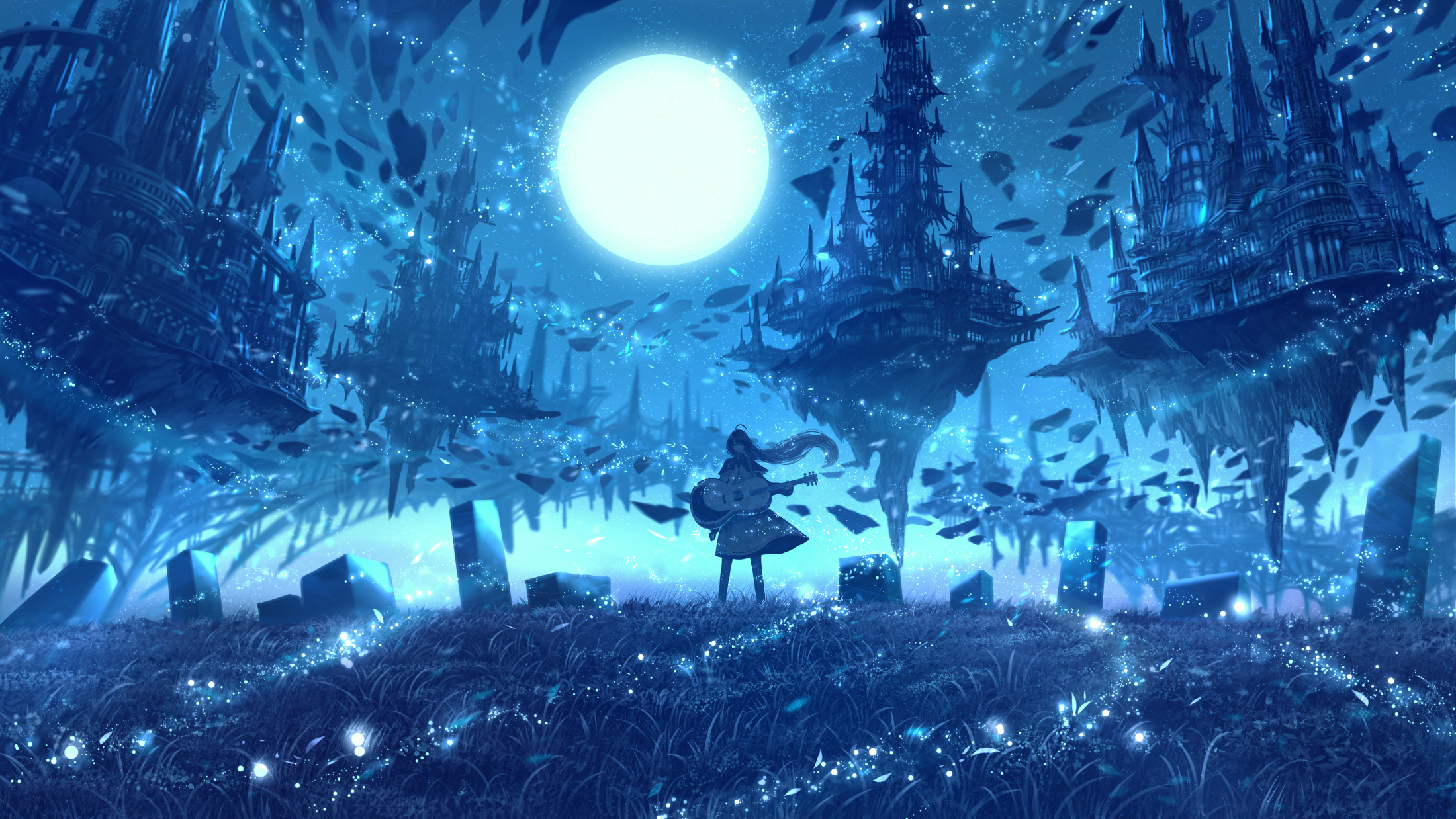 Floating Castle Anime Girls Guitar Night Moon Musical Instrument Grass Floating 2200x1238