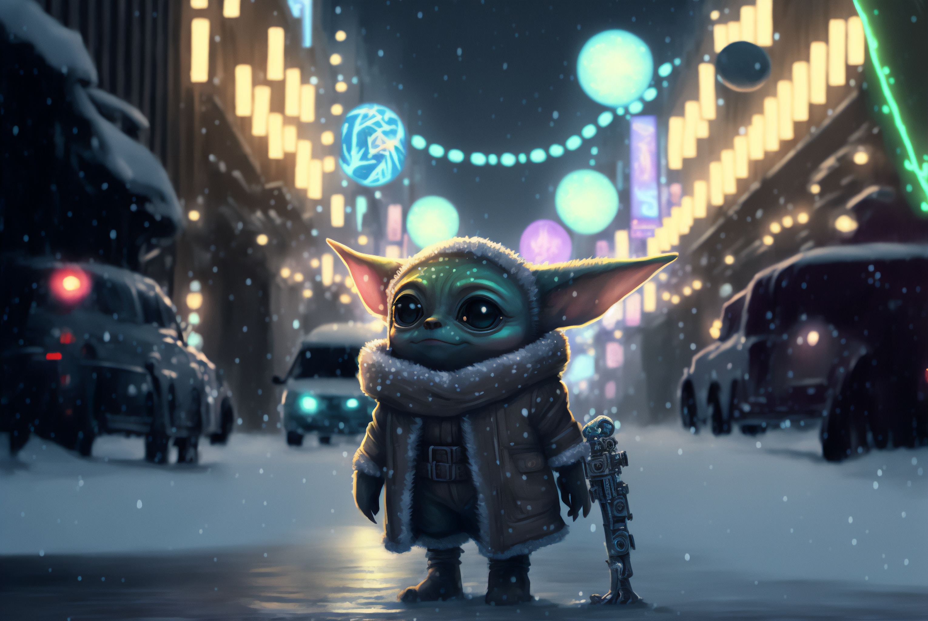 Ai Art Christmas Snow Winter Christmas Lights Star Wars Grogu Yoda Pointy Ears City Lights Lights 3060x2048
