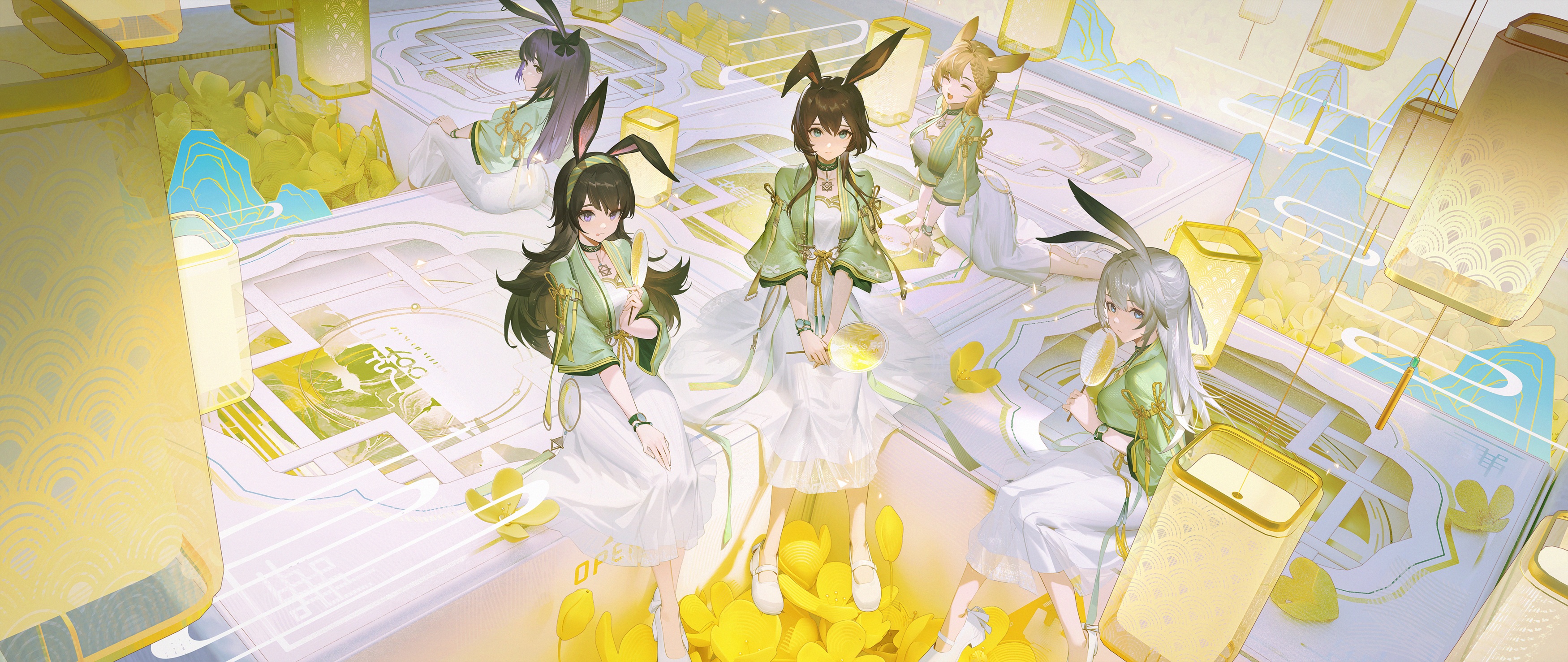 Arknights Bunny Ears Anime Girls Dacheng Ad Group Of Women Sitting Animal Ears Paper Lantern Looking 3500x1477
