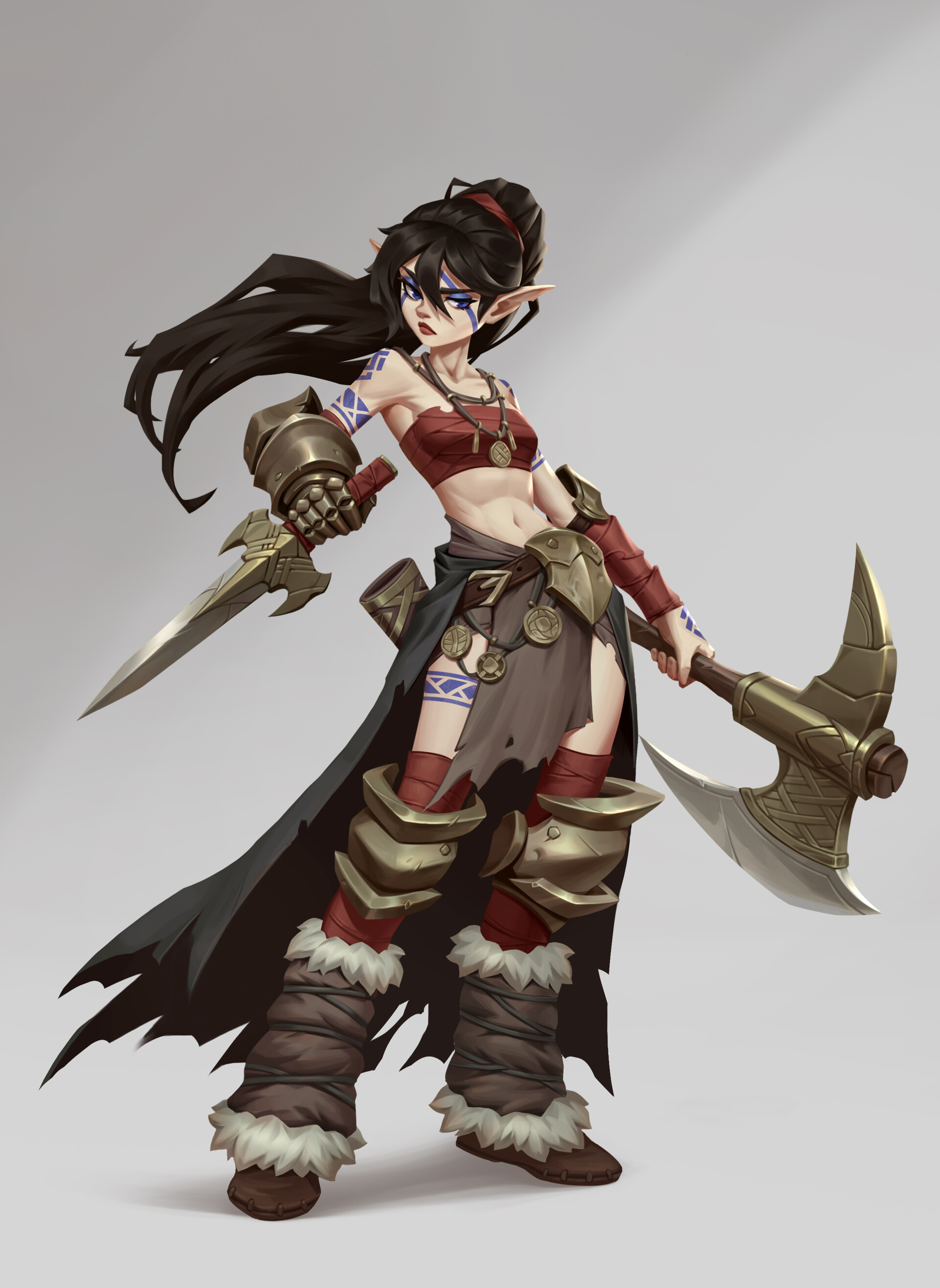 Artwork Women Axes Girl With Weapon Pointy Ears Dark Hair Long Hair Gray Background Standing Dagger 1920x2632
