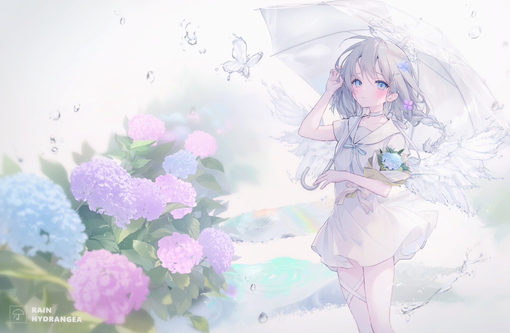 Anime Girls White Dress Blue Eyes Looking At Viewer Umbrella Water Drops Blurry Background Rain Butt 2050x1339